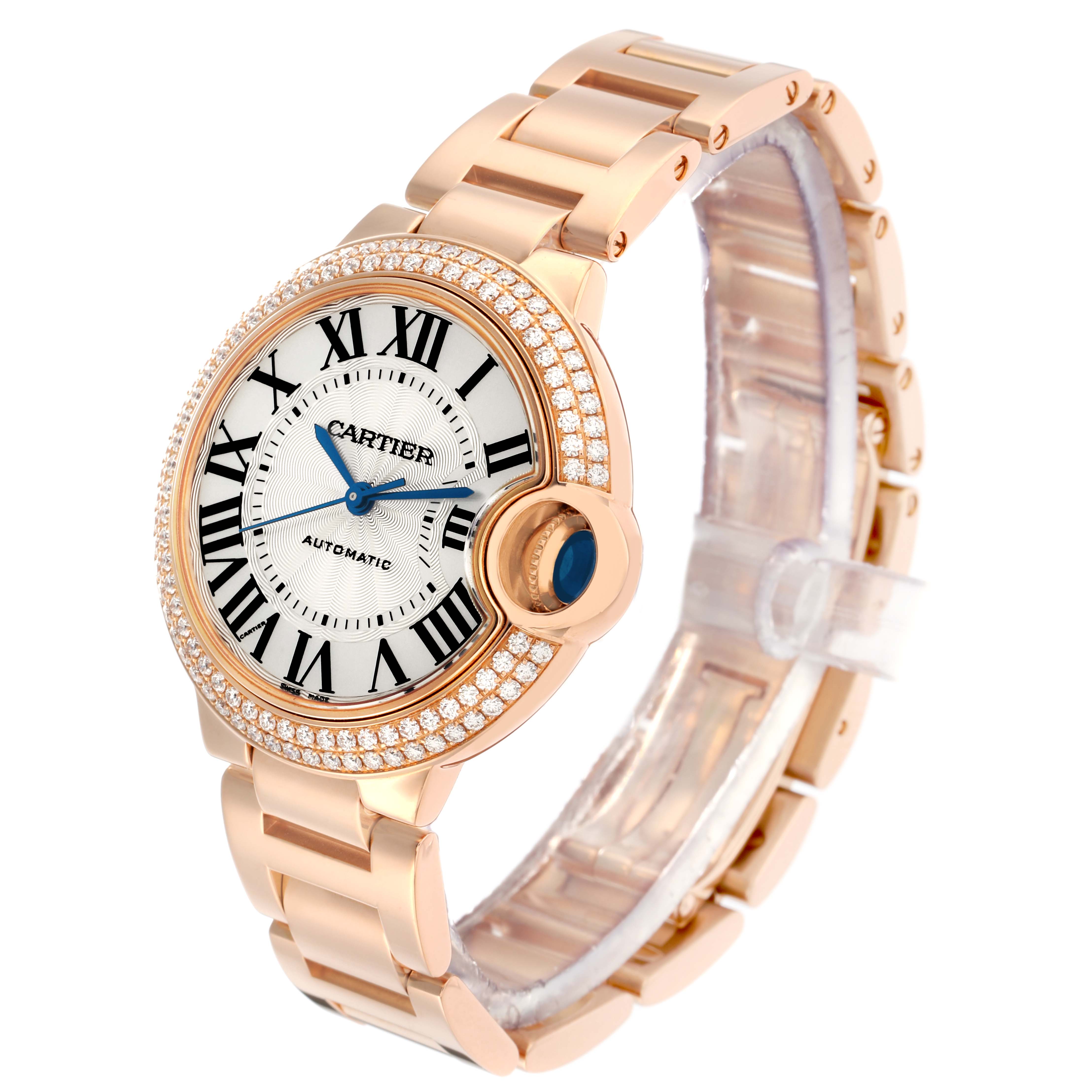 The Cartier Ballon Bleu WJBB0036 Women's Rose Gold Silver Dial watch is shown at a three-quarter angle, highlighting the dial, bezel, and bracelet.
