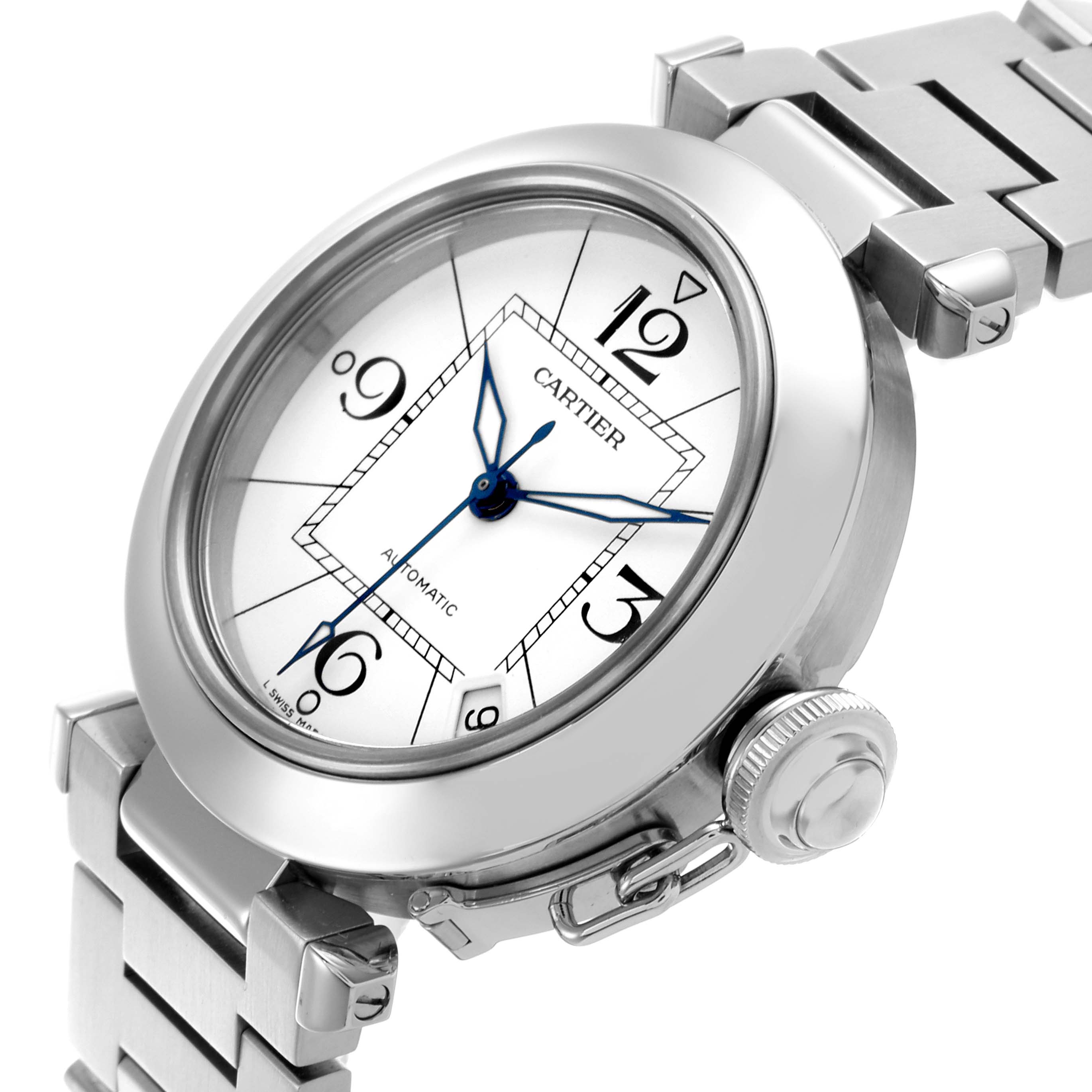 The Cartier Pasha W31074M7 Men's Stainless Steel White Dial W31074M7 Men's Stainless Steel White Dial watch is shown at an angled view, highlighting the face, crown, and part of the bracelet.