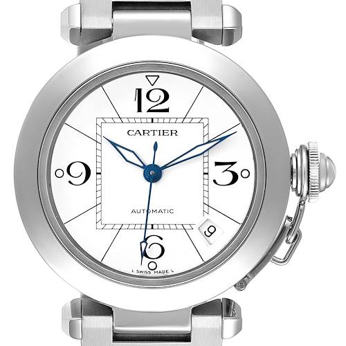 The Cartier Pasha watch is shown from the front, highlighting the dial, bezel, hands, and signature crown cover.