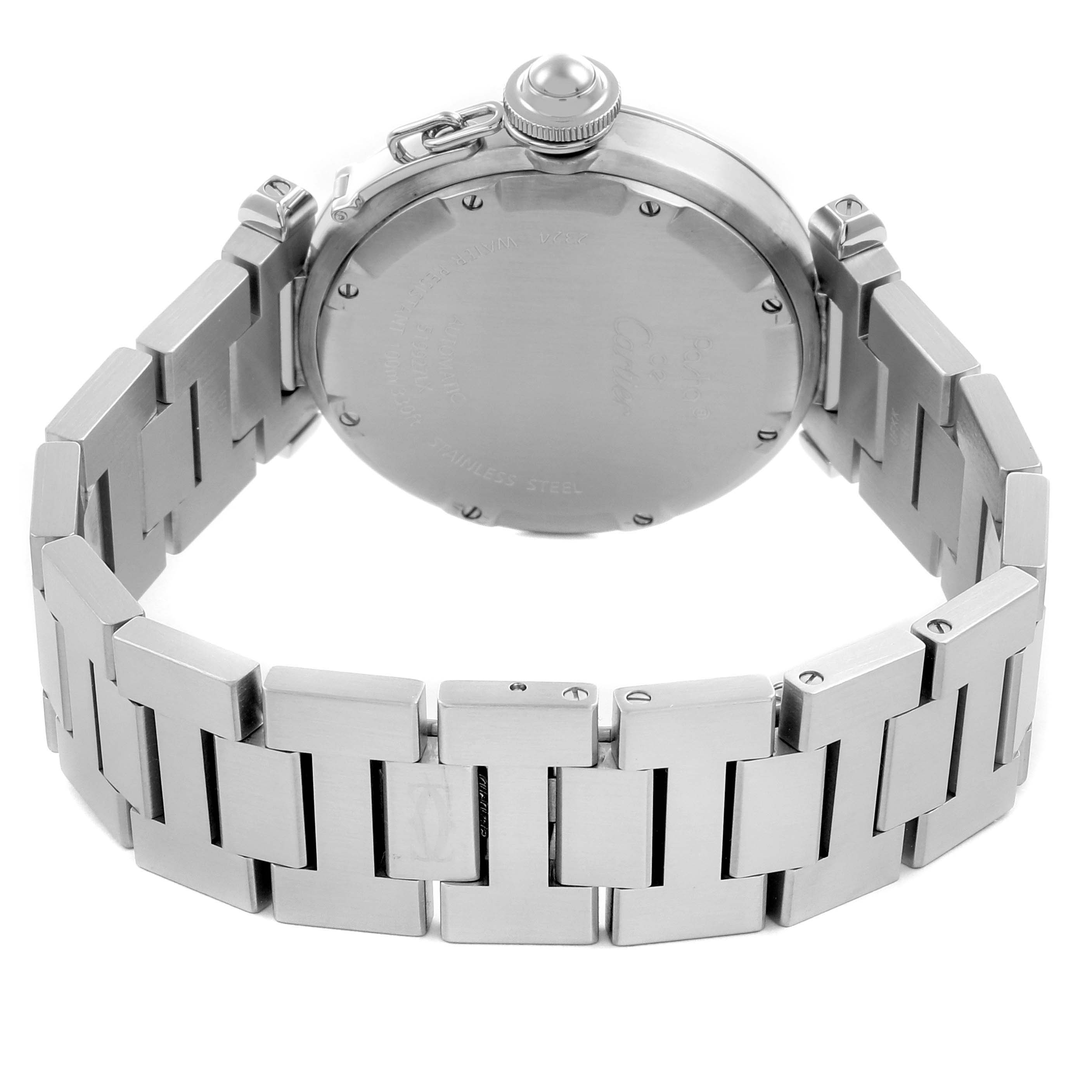 The image shows the back case and metal bracelet of the Cartier Pasha W31074M7 Men's Stainless Steel White Dial W31074M7 Men's Stainless Steel White Dial watch at a rear angle.