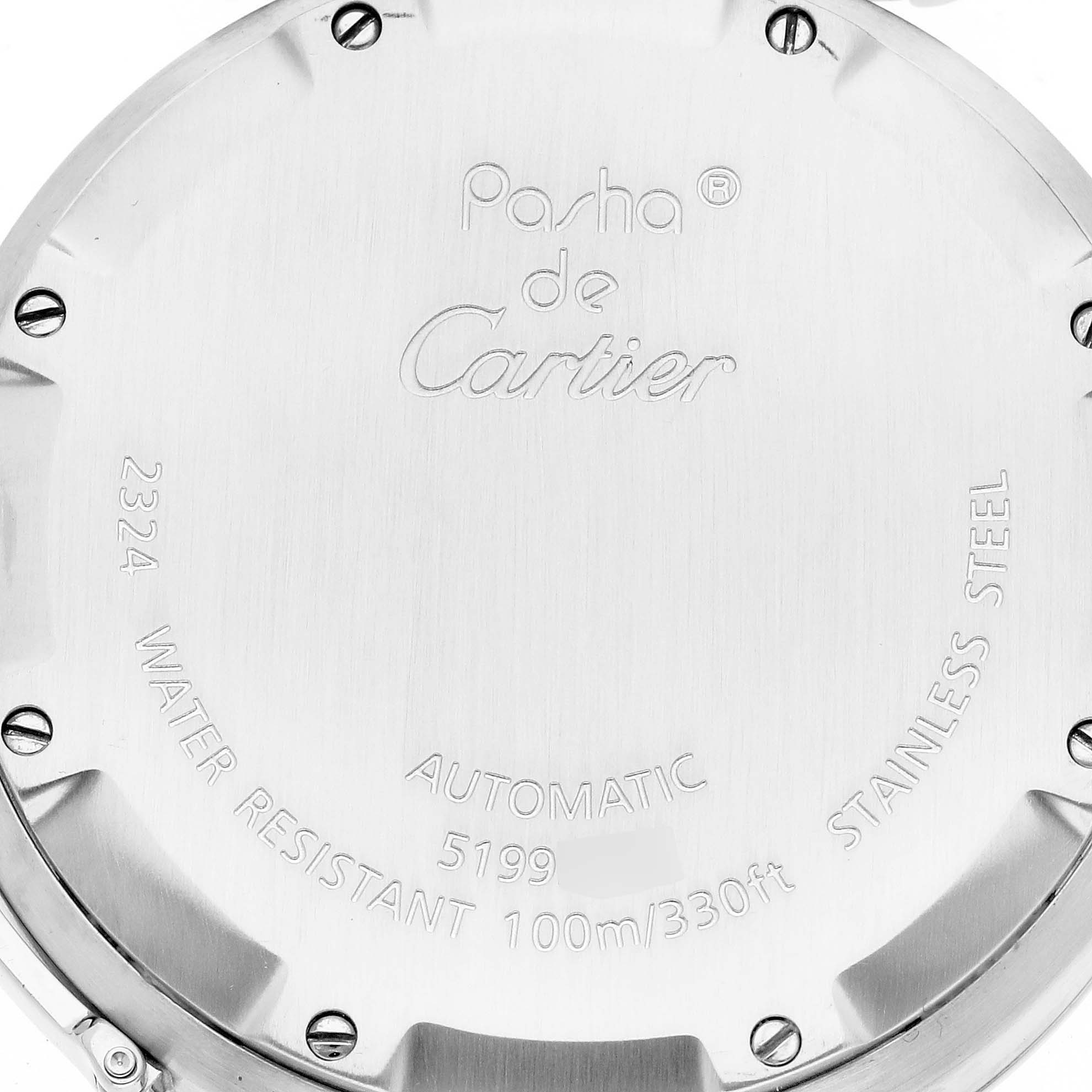 The image shows the back case of the Cartier Pasha W31074M7 Men's Stainless Steel White Dial W31074M7 Men's Stainless Steel White Dial watch, highlighting its engravings and screw details.