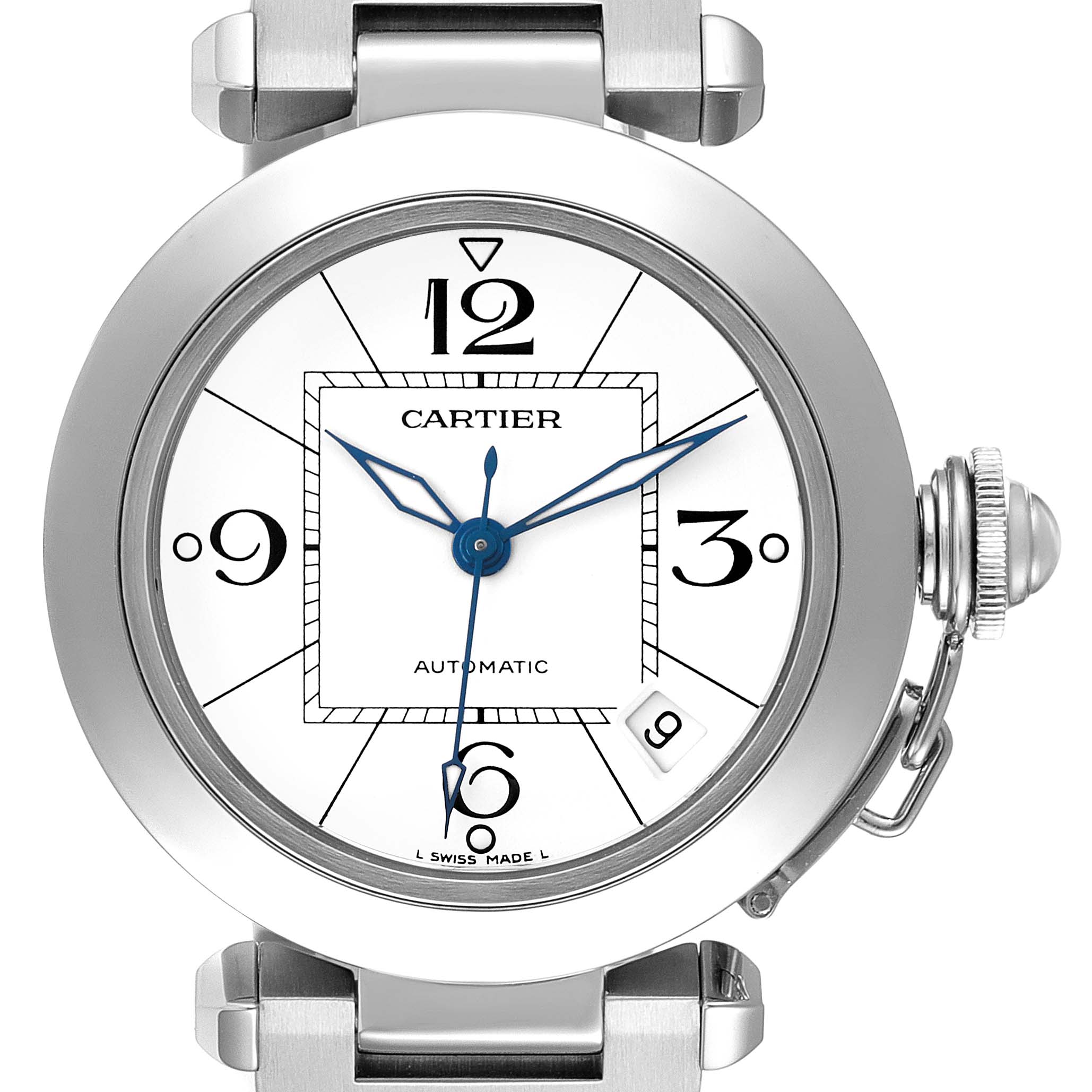 The Cartier Pasha W31074M7 Men's Stainless Steel White Dial W31074M7 Men's Stainless Steel White Dial watch is shown from the front, highlighting its dial, hands, and crown guard.