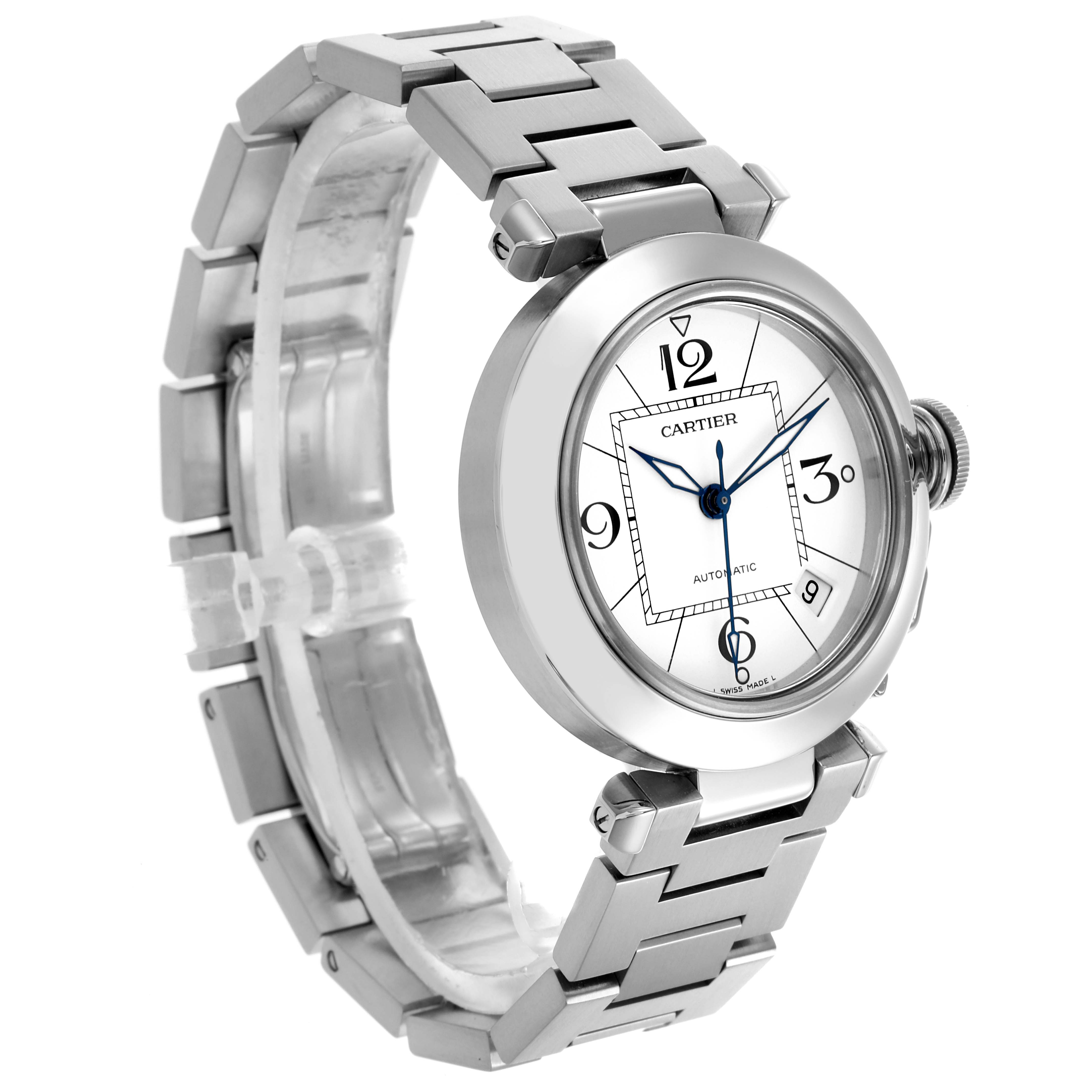 The Cartier Pasha W31074M7 Men's Stainless Steel White Dial W31074M7 Men's Stainless Steel White Dial watch is shown from a side angle, displaying the face, bezel, crown, and part of the bracelet.