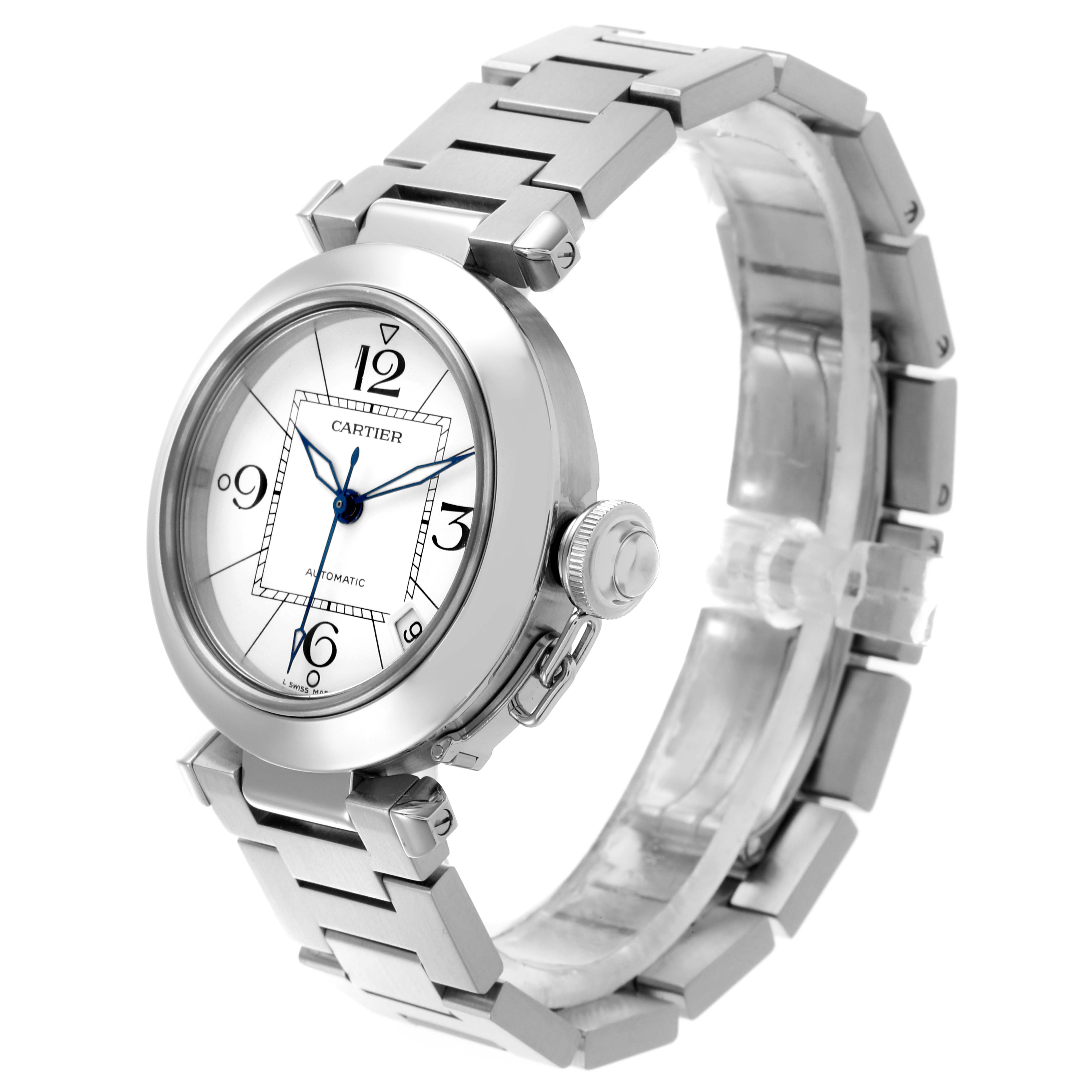 The Cartier Pasha W31074M7 Men's Stainless Steel White Dial W31074M7 Men's Stainless Steel White Dial watch is shown at a three-quarter angle, displaying the face, crown, and bracelet.