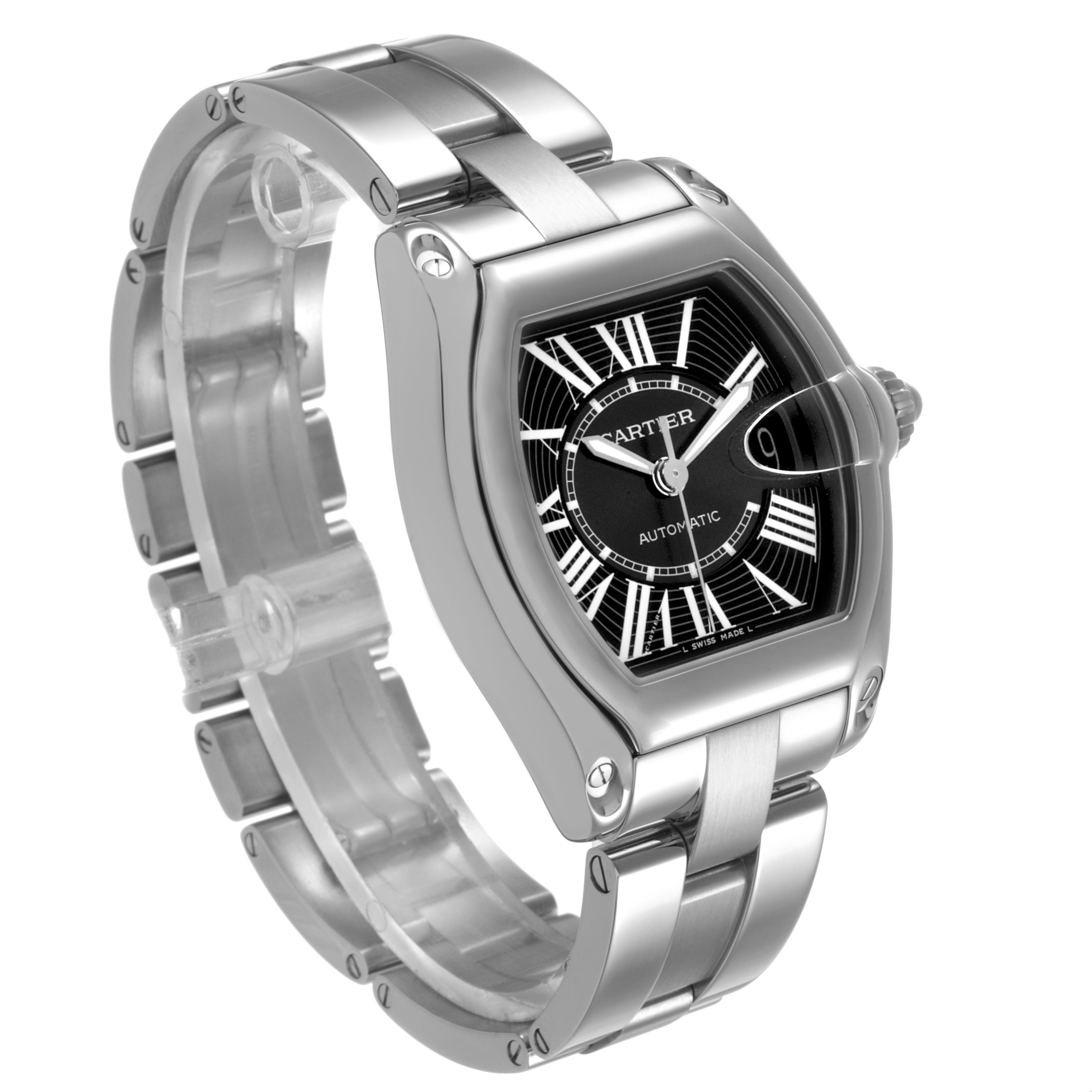 The Cartier Roadster W62041V3 Men's Stainless Steel Black Dial watch is shown at a three-quarter angle, highlighting the dial, bezel, and bracelet.