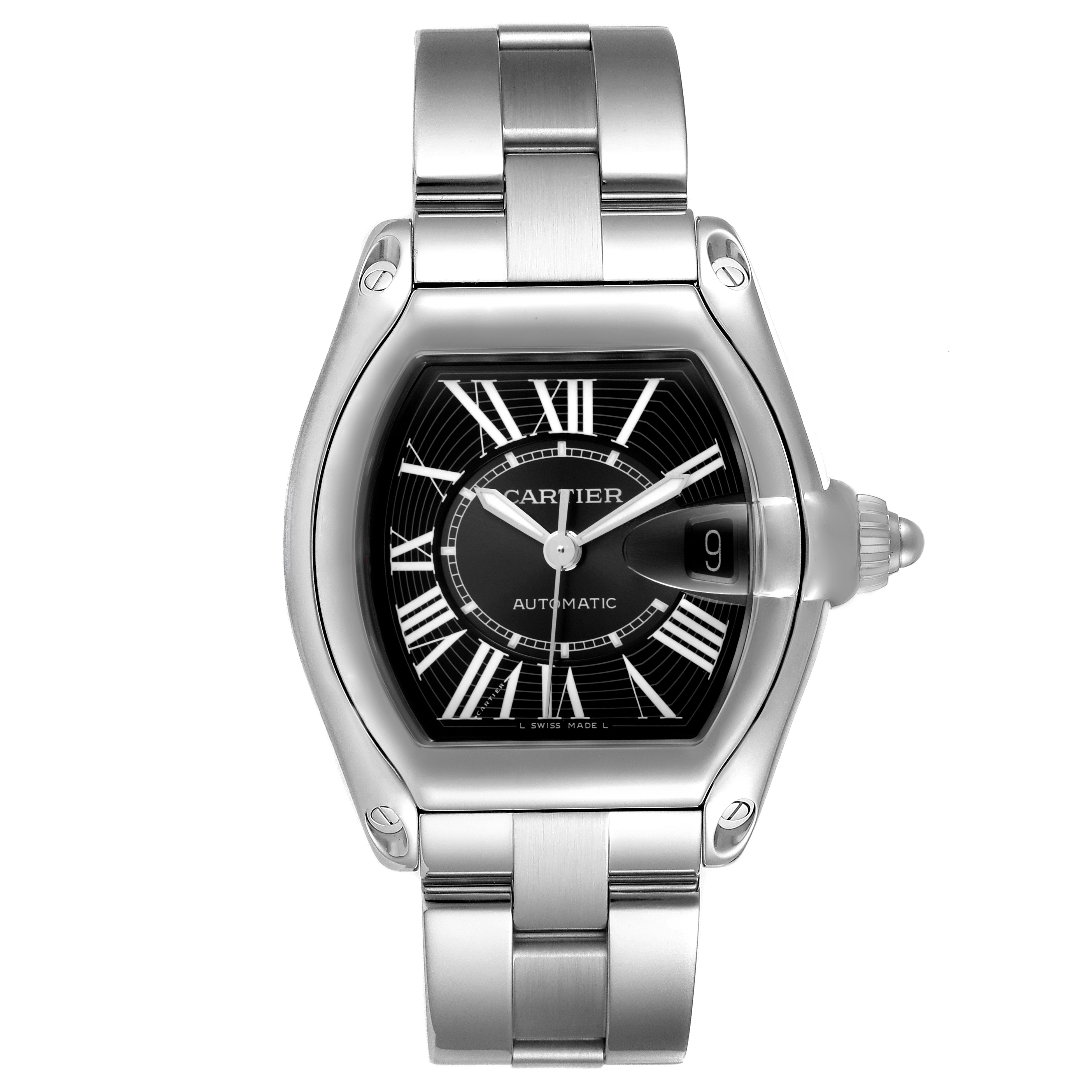 The Cartier Roadster W62041V3 Men's Stainless Steel Black Dial watch is shown from a top-down angle, highlighting the face, bezel, and bracelet.