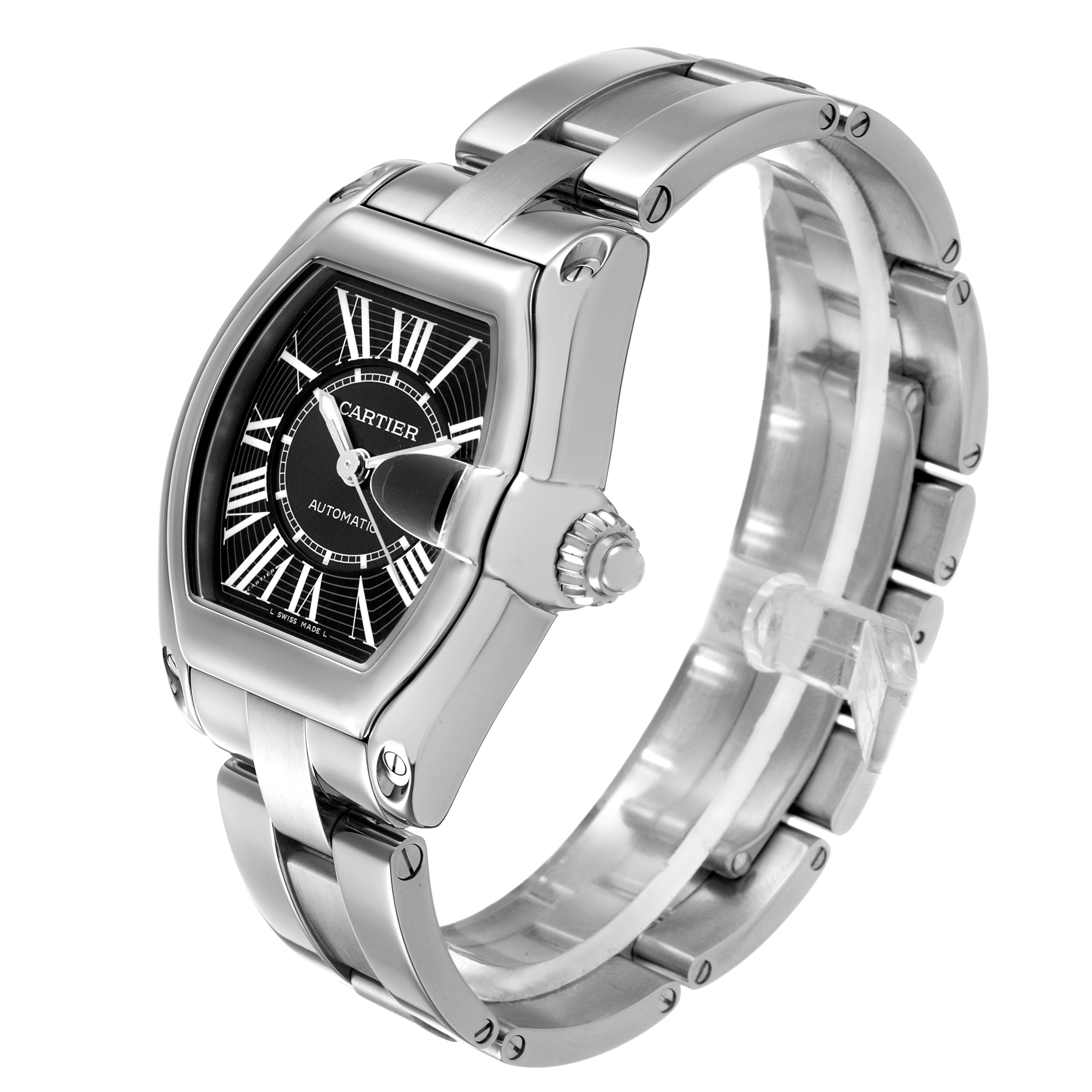 The Cartier Roadster W62041V3 Men's Stainless Steel Black Dial watch is shown at a three-quarter angle, highlighting its case, bracelet, and crown.