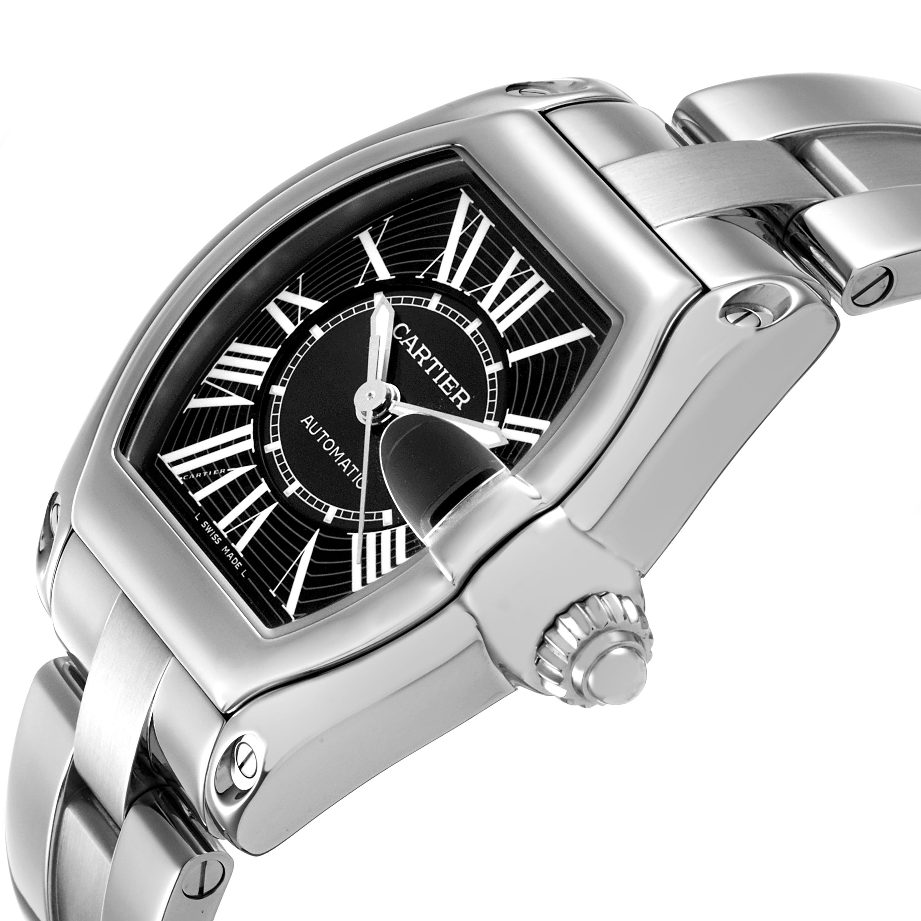 The Cartier Roadster W62041V3 Men's Stainless Steel Black Dial watch is shown at an angle displaying the face, case, crown, and part of the bracelet.