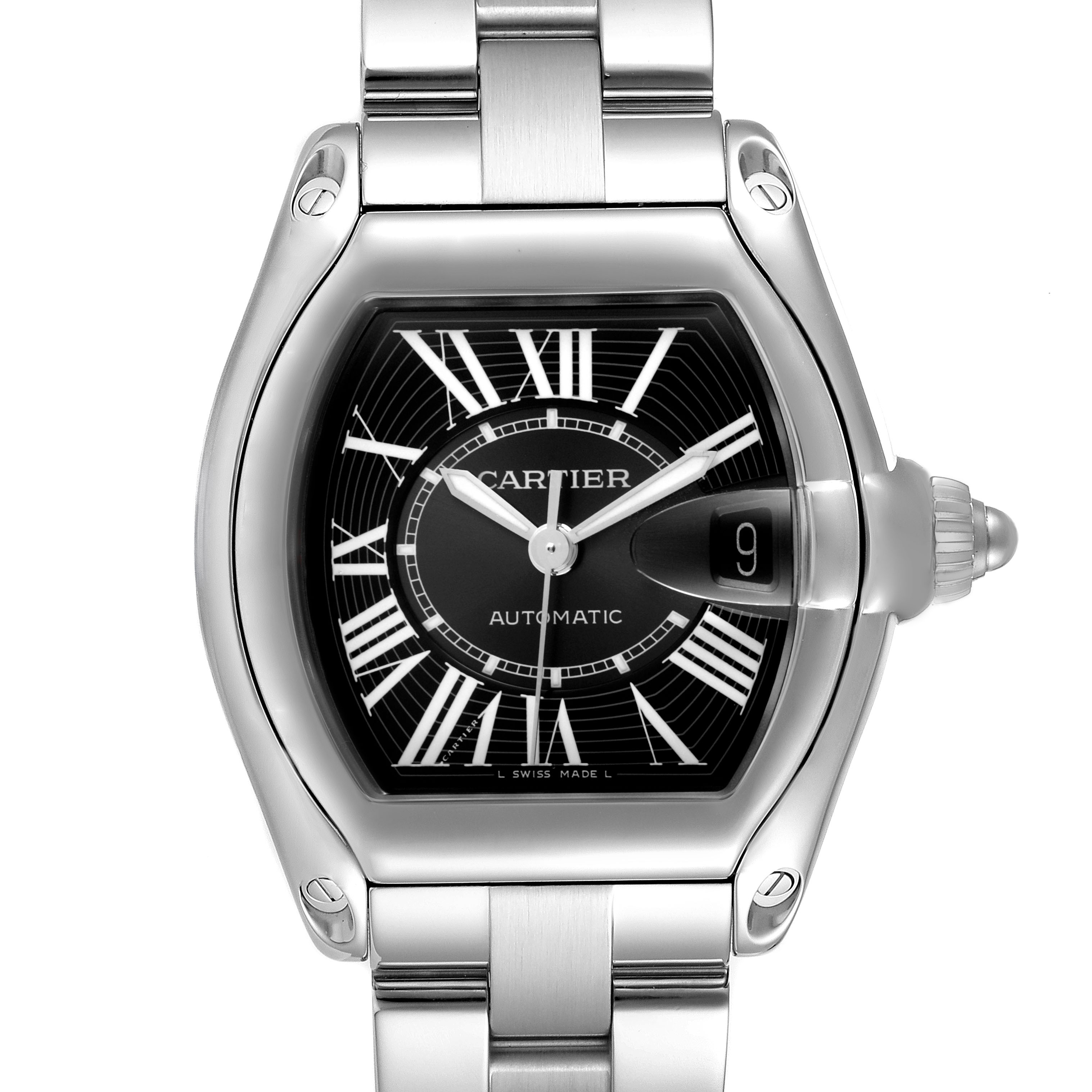 The Cartier Roadster W62041V3 Men's Stainless Steel Black Dial watch is shown from a top-down angle, highlighting its dial, hands, and bracelet.