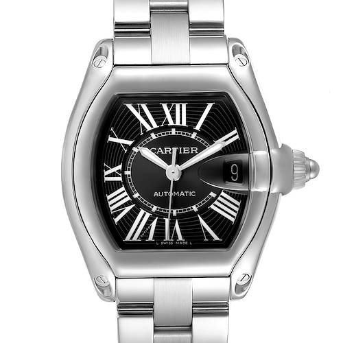 The Cartier Roadster W62041V3 Men's Stainless Steel Black Dial watch is shown from a front angle, highlighting the dial, case, and bracelet.