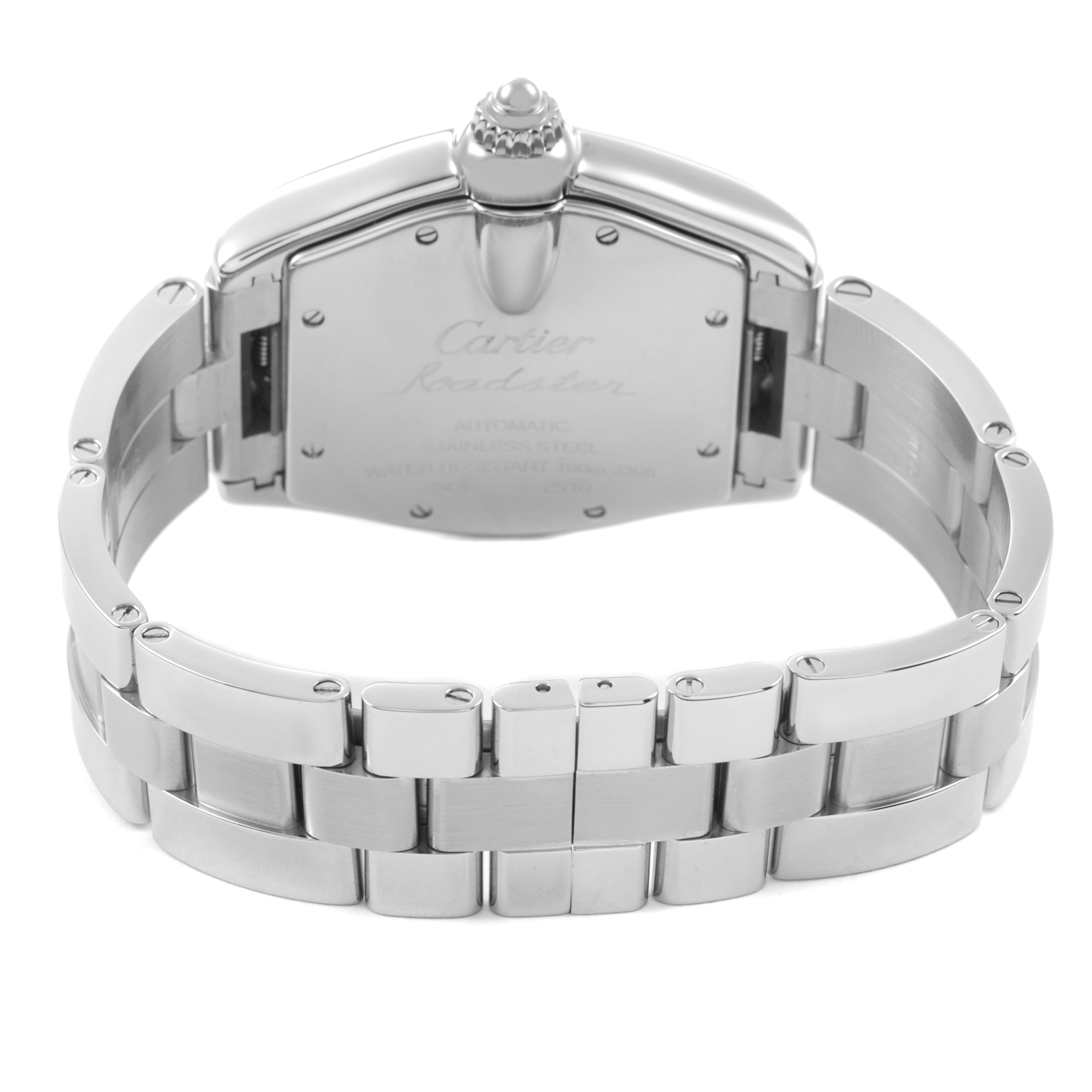 The image shows the back and bracelet of a Cartier Roadster W62041V3 Men's Stainless Steel Black Dial watch from a rear angle.