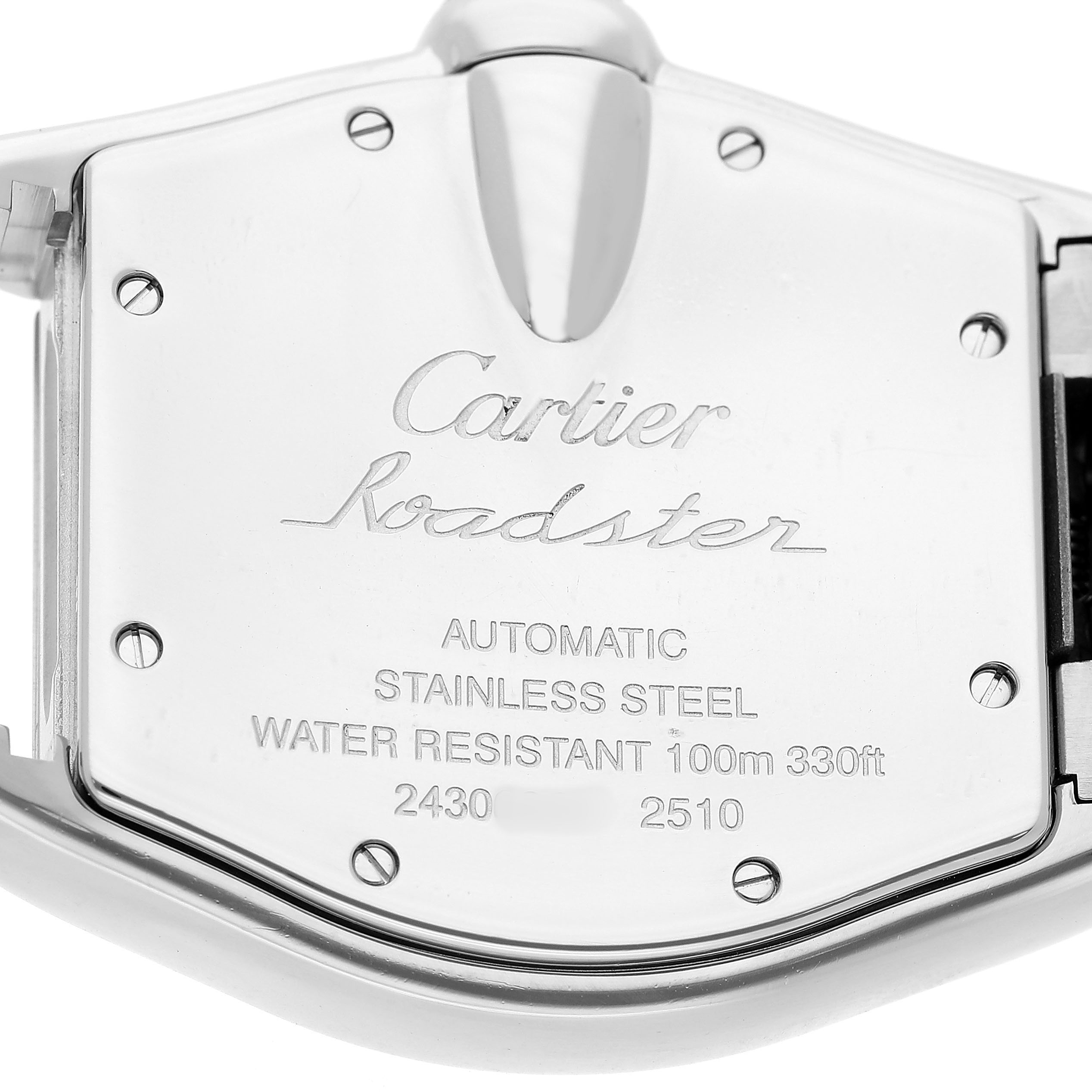 The image shows the back case of the Cartier Roadster W62041V3 Men's Stainless Steel Black Dial watch, highlighting details like its water resistance and material.