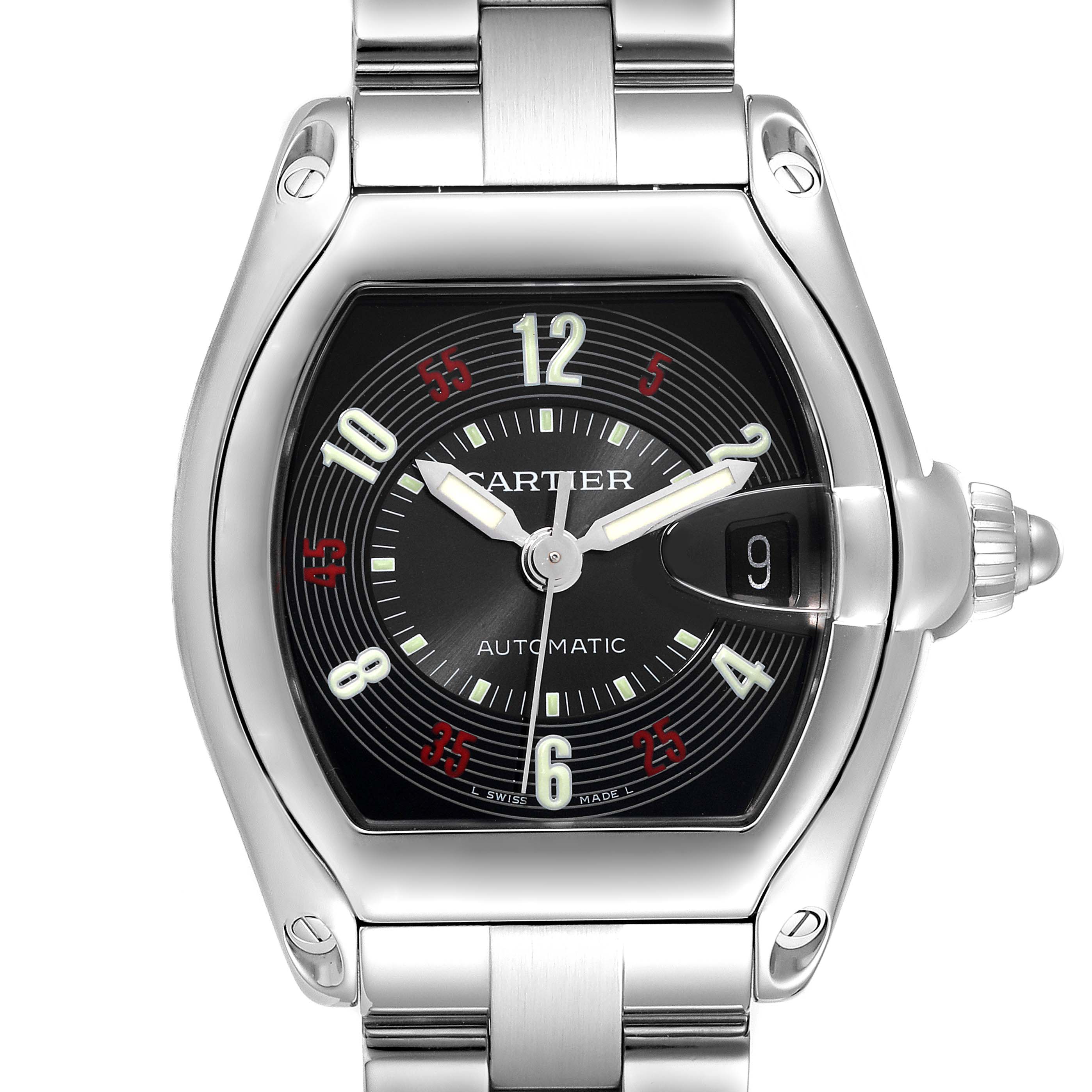 This image shows a close-up view of the Cartier Roadster W62002V3 Men's Stainless Steel Black Dial W62002V3 Men's Stainless Steel Black Dial watch face and part of its metal bracelet.