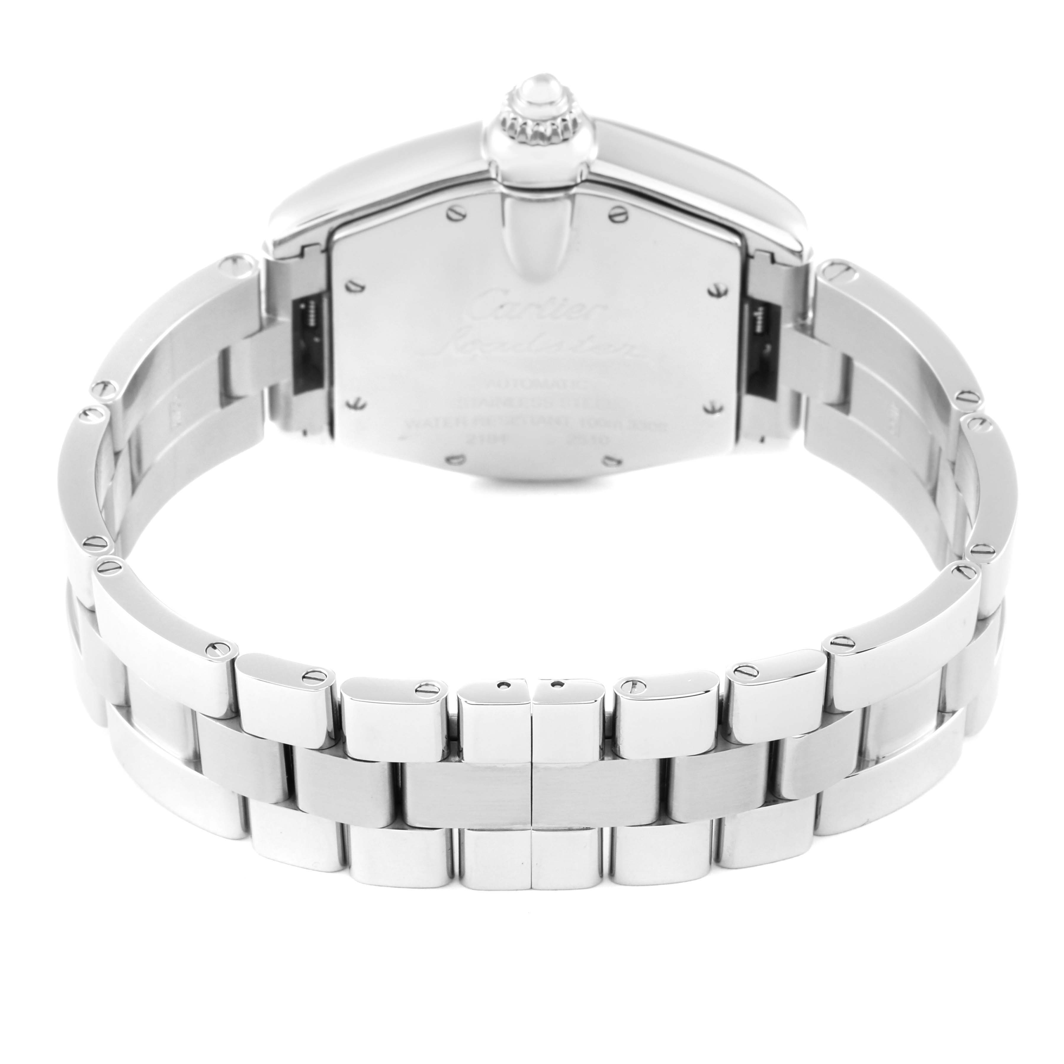 The image shows the back view of the Cartier Roadster W62002V3 Men's Stainless Steel Black Dial W62002V3 Men's Stainless Steel Black Dial watch, highlighting its bracelet and case back.