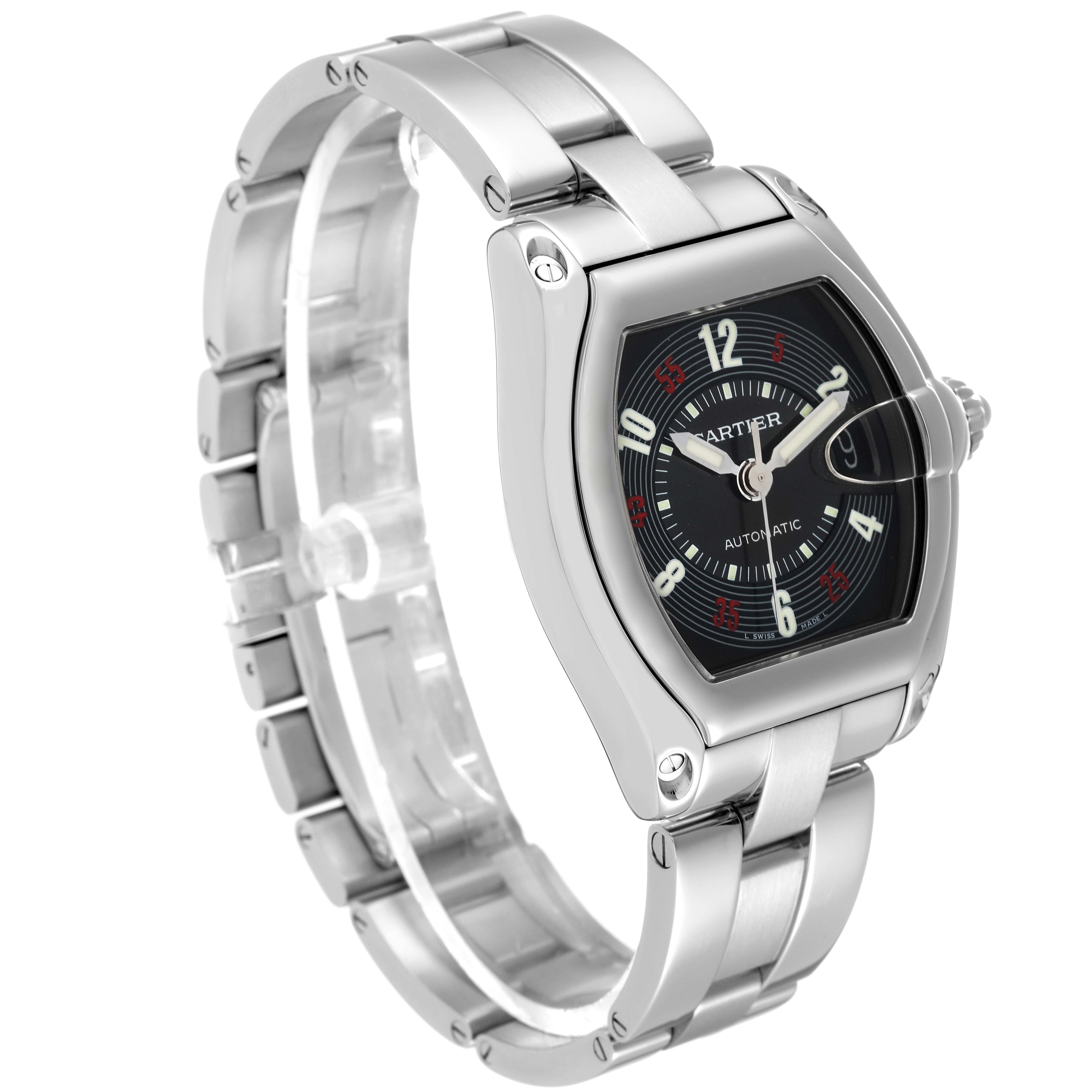 This image shows a Cartier Roadster W62002V3 Men's Stainless Steel Black Dial W62002V3 Men's Stainless Steel Black Dial watch at a three-quarter angle, highlighting the stainless steel case, black dial, and bracelet.