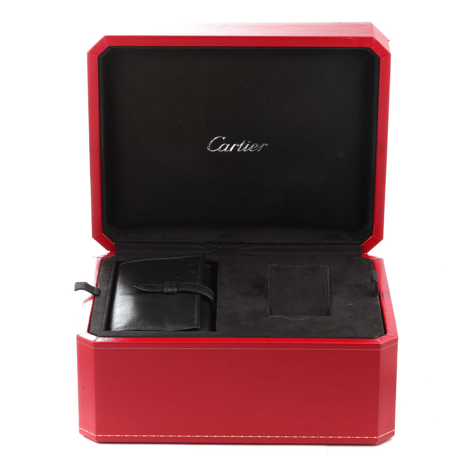 This image shows an open red Cartier box for the Roadster model, with a black interior and a leather pouch inside.