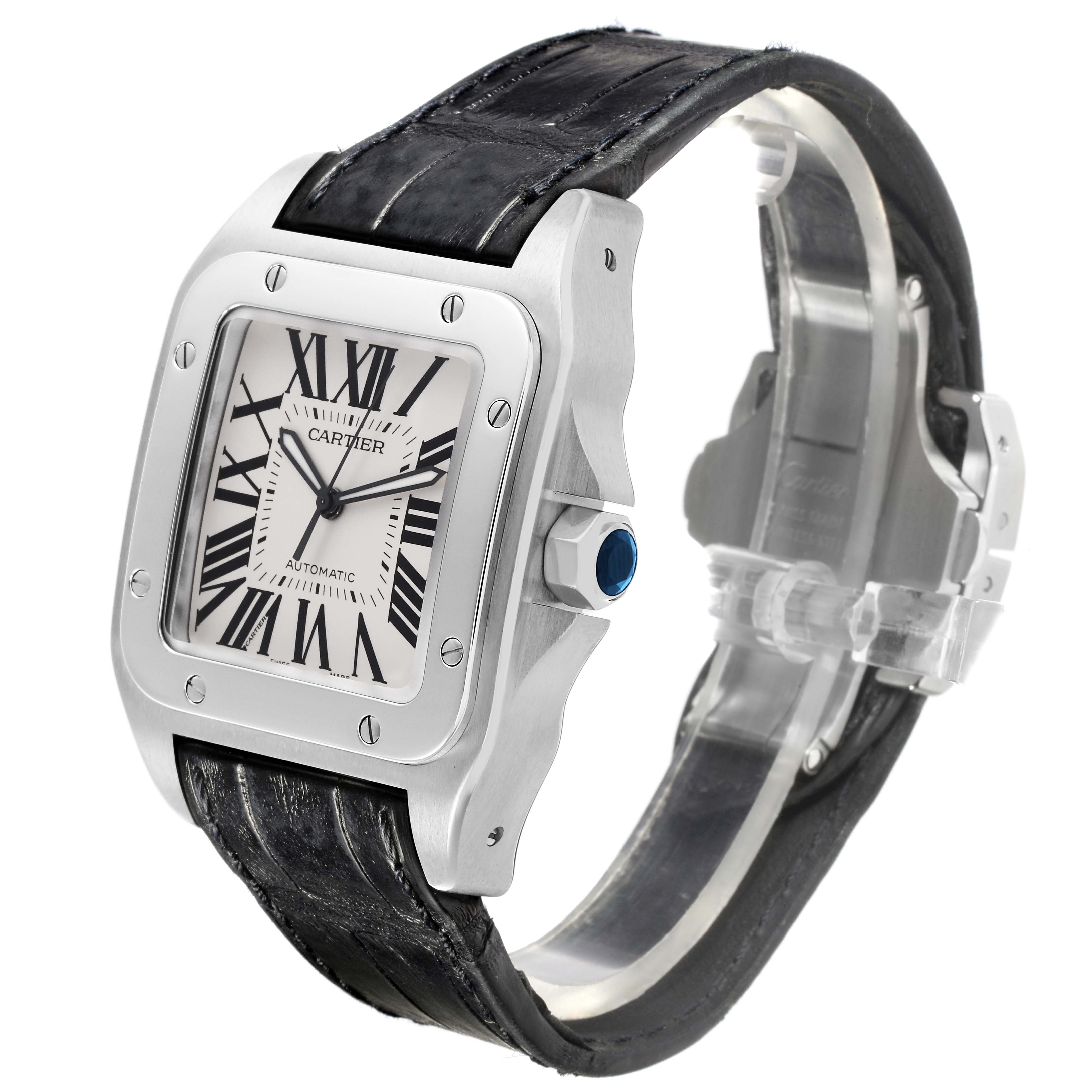 The Cartier Santos W20073X8 Men
s Stainless Steel Silver Dial W20073X8 Men
s Stainless Steel Silver Dial watch is shown at an angle highlighting the face, bezel, crown, and leather strap.