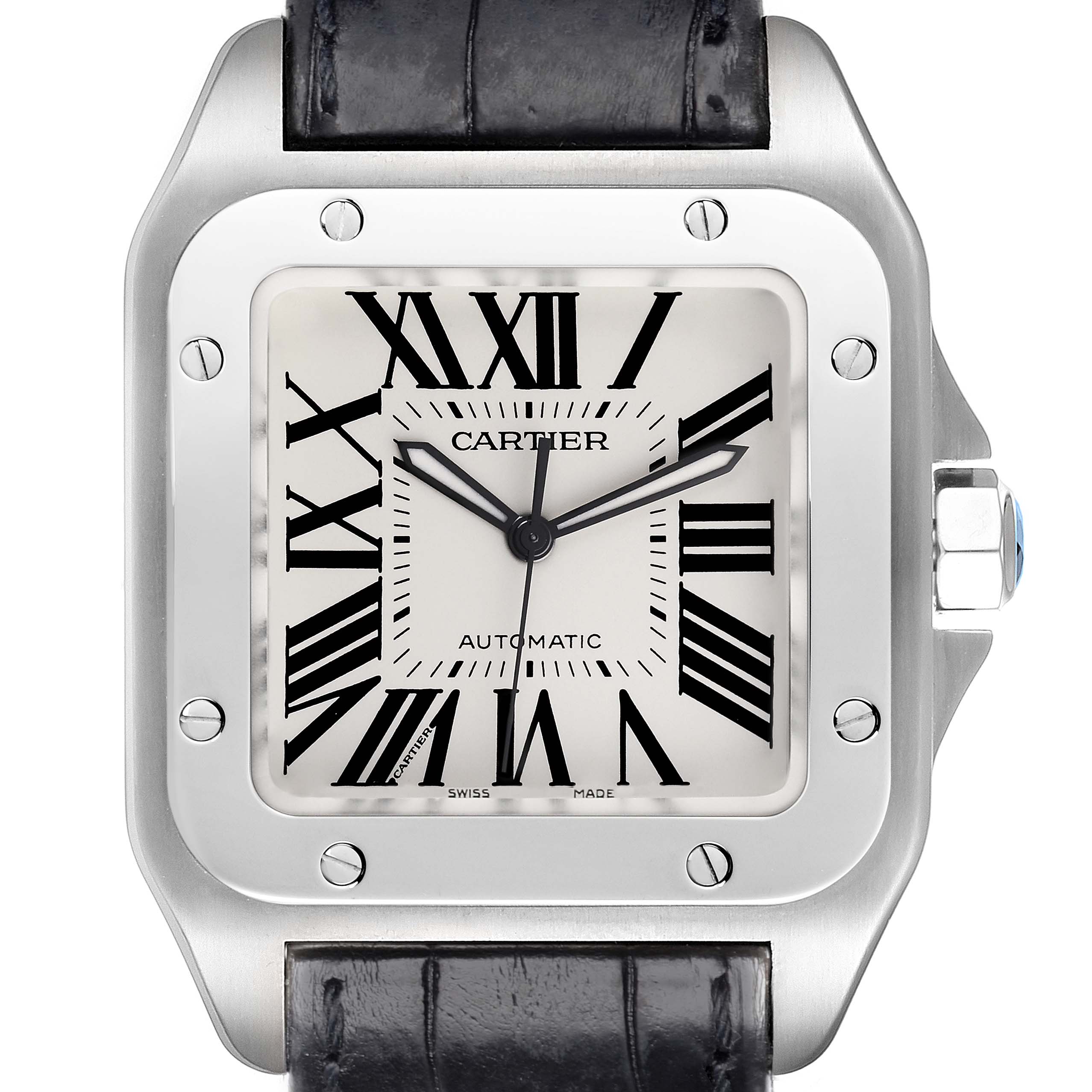 The Cartier Santos W20073X8 Men
s Stainless Steel Silver Dial W20073X8 Men
s Stainless Steel Silver Dial watch is shown from a front angle, highlighting its face and bezel details.
