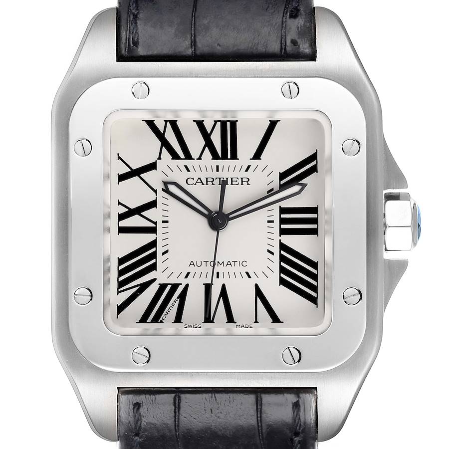 Cartier Santos 100 Silver Dial Steel Mens Watch W20073X8 Box Papers SwissWatchExpo