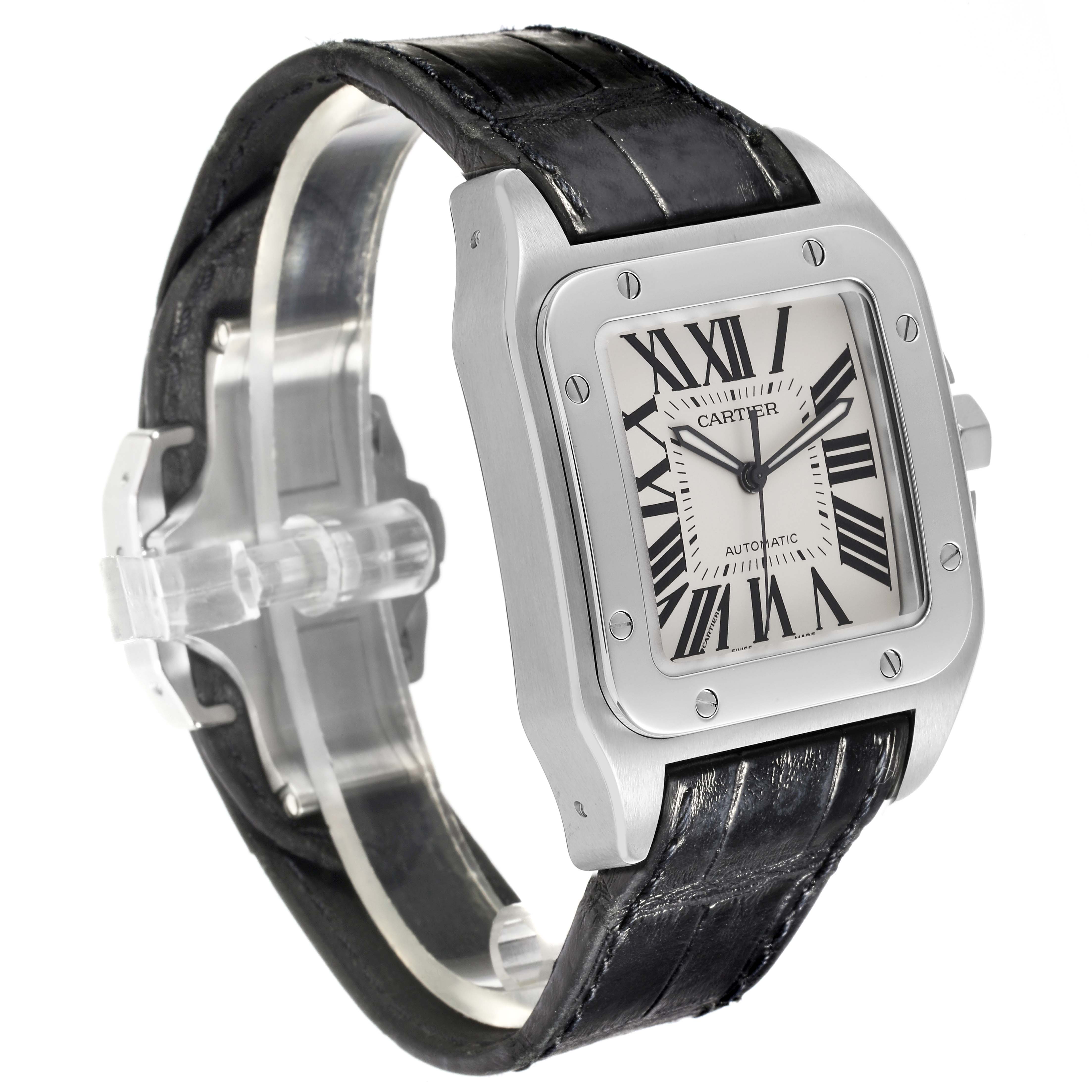 The Cartier Santos W20073X8 Men
s Stainless Steel Silver Dial W20073X8 Men
s Stainless Steel Silver Dial watch is shown from a front-side angle, highlighting the face, bezel, and black leather strap.