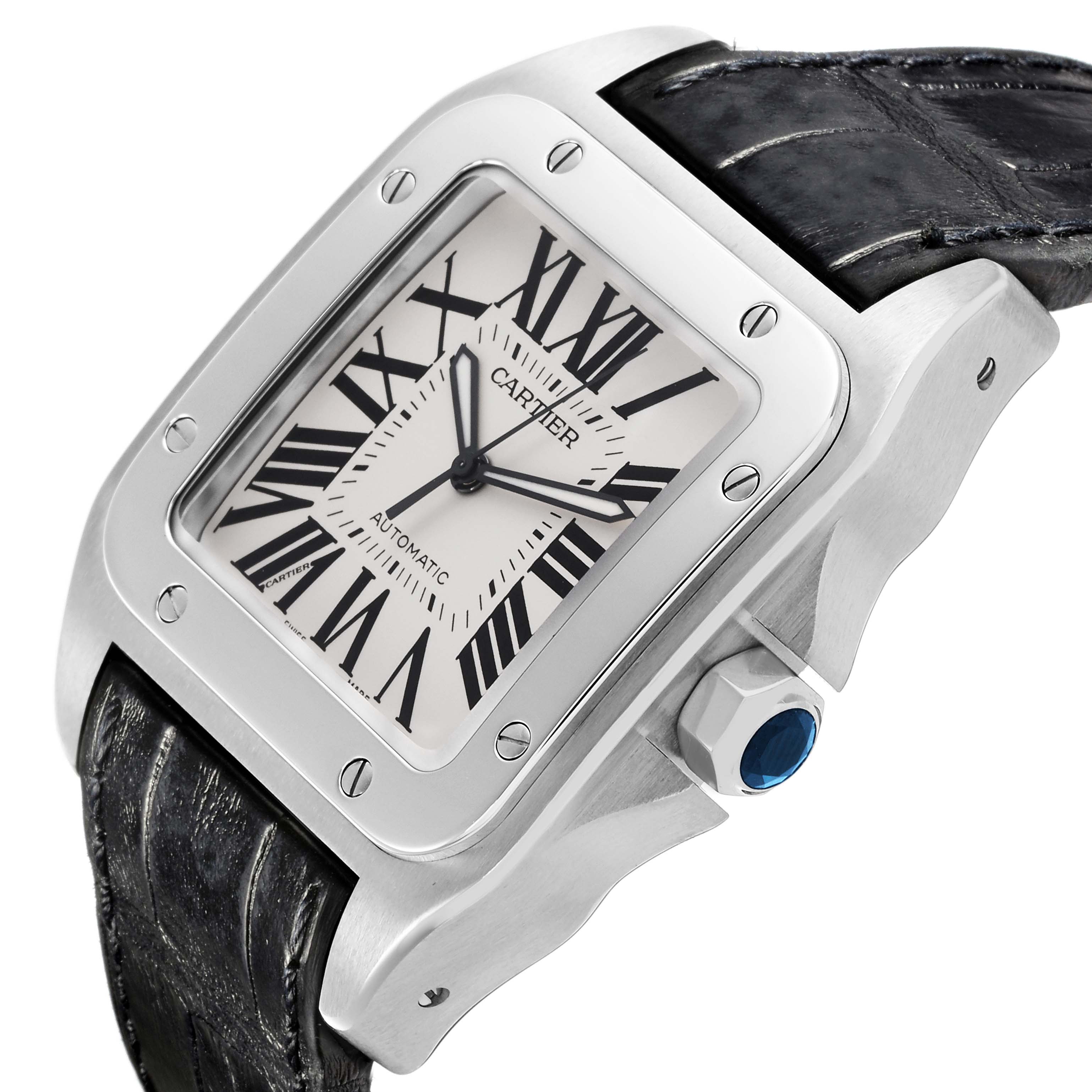 The Cartier Santos W20073X8 Men
s Stainless Steel Silver Dial W20073X8 Men
s Stainless Steel Silver Dial watch is shown from a three-quarter angle, highlighting the face, bezel, and crown with a cabochon detail.