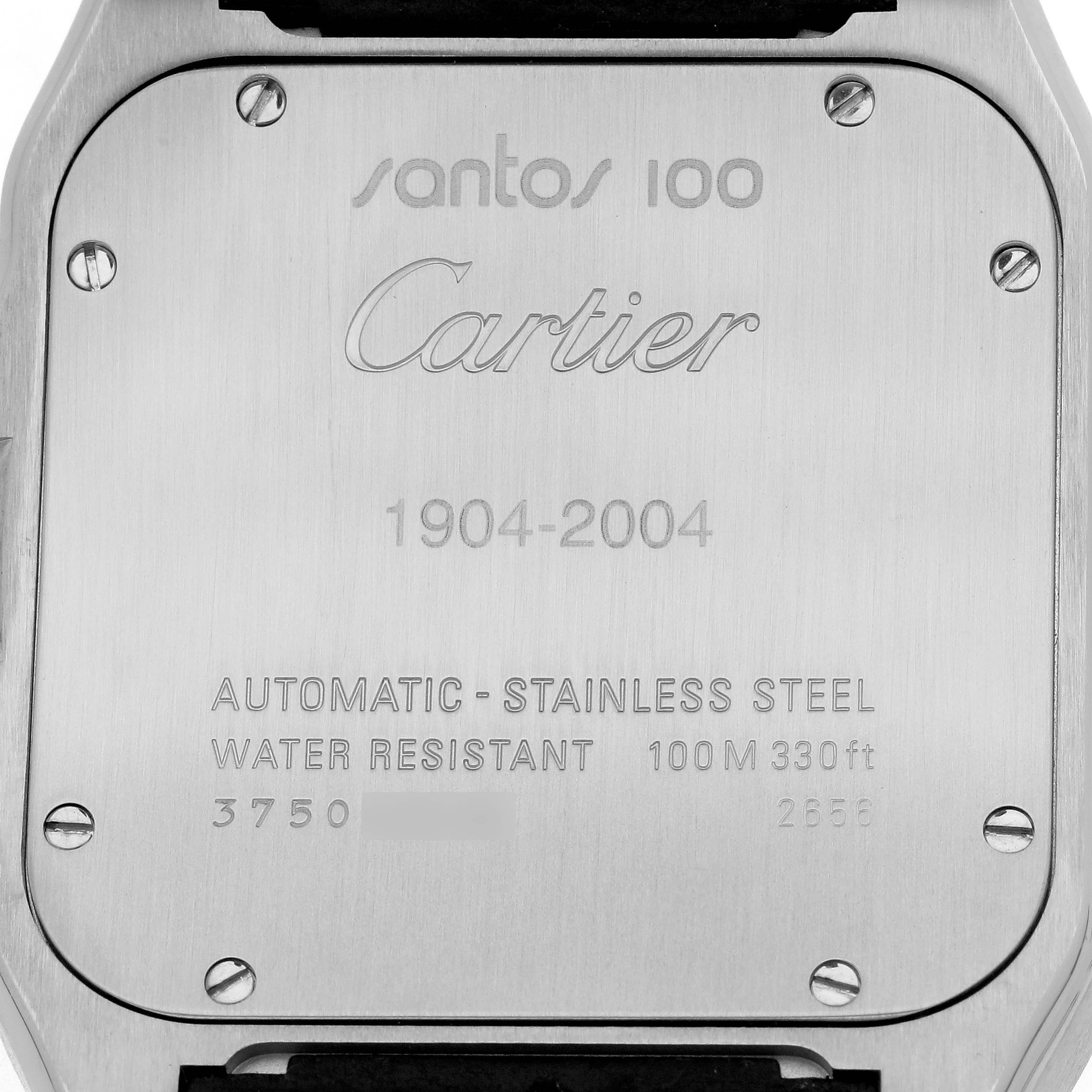 The image shows the back case of a Cartier Santos W20073X8 Men
s Stainless Steel Silver Dial W20073X8 Men
s Stainless Steel Silver Dial watch, highlighting its engravings and screw details.