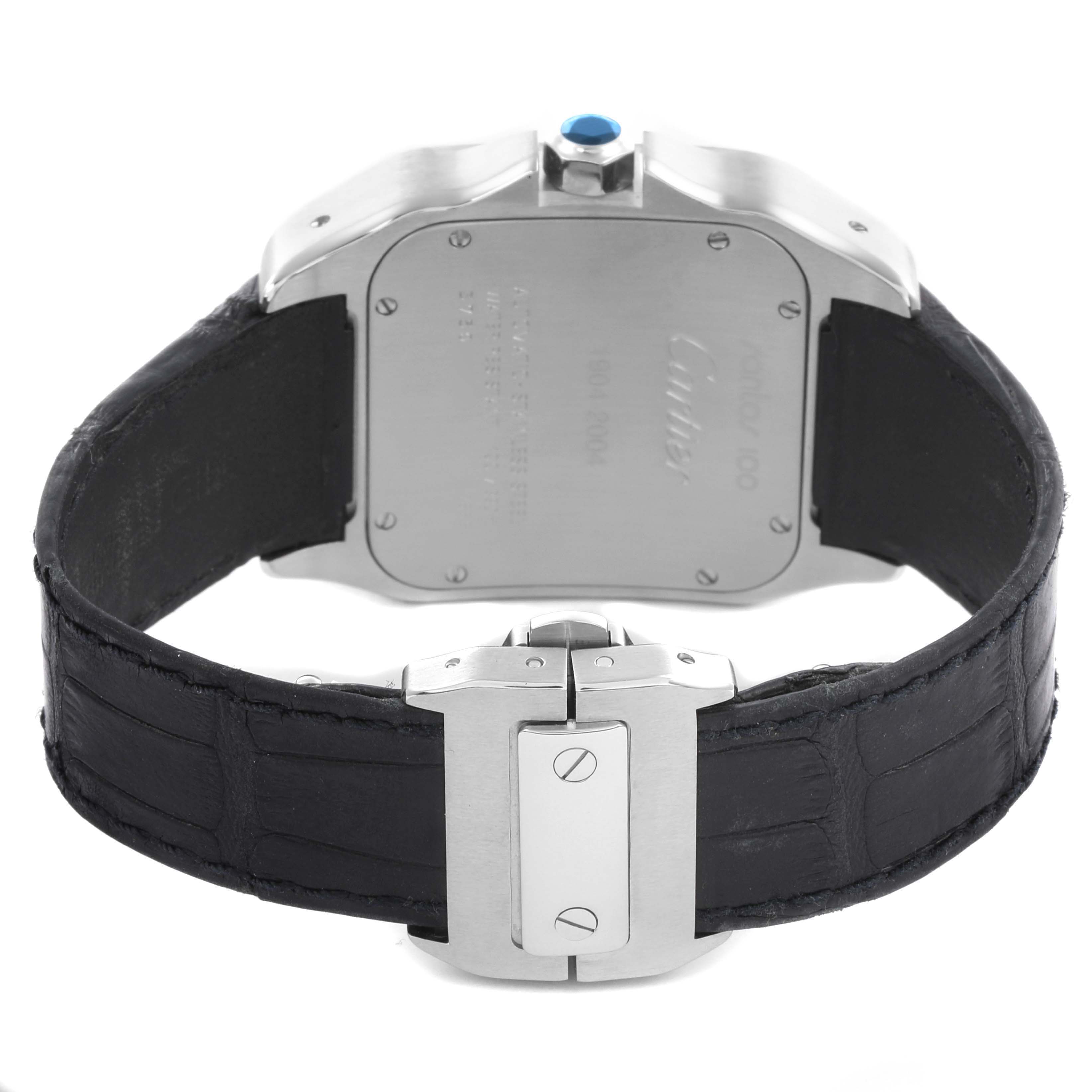 The image shows the back of the Cartier Santos W20073X8 Men
s Stainless Steel Silver Dial W20073X8 Men
s Stainless Steel Silver Dial watch, highlighting the case back, strap, and buckle.