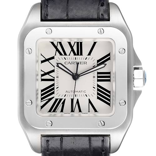 The Cartier Santos watch is shown from the front, highlighting the dial, case, and part of the leather strap.