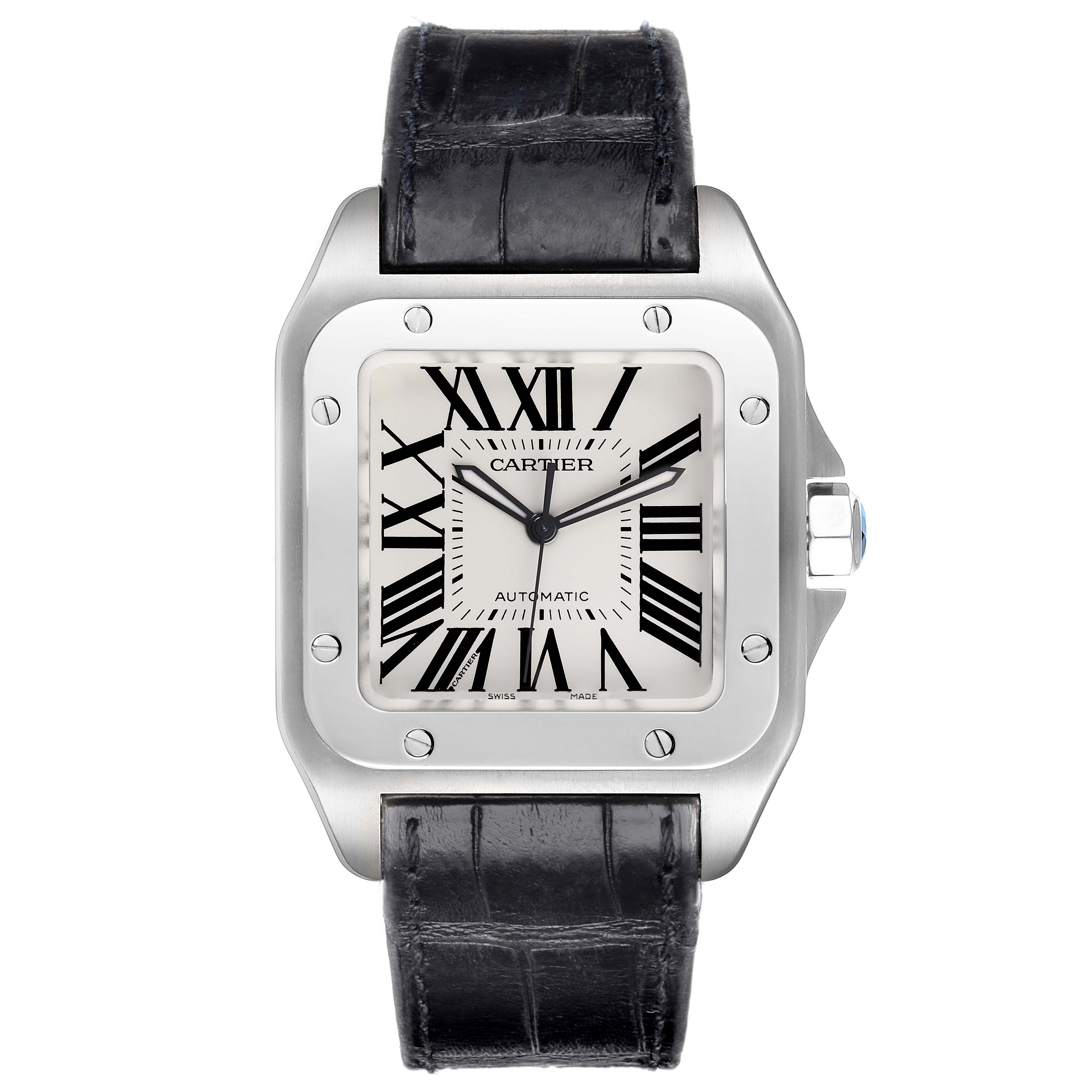The Cartier Santos W20073X8 Men
s Stainless Steel Silver Dial W20073X8 Men
s Stainless Steel Silver Dial watch is shown from a frontal angle, highlighting the face and strap.
