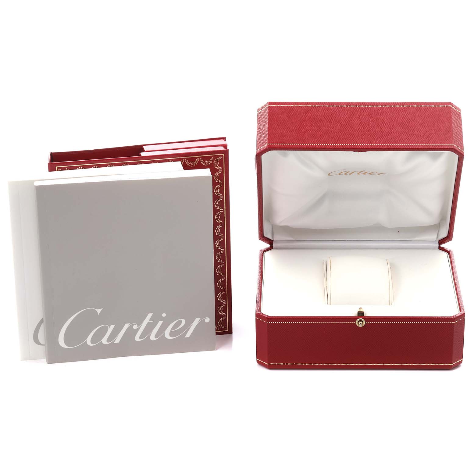 The image shows a Cartier Santos W20073X8 Men
s Stainless Steel Silver Dial W20073X8 Men
s Stainless Steel Silver Dial watch box and booklets, viewed from the front.