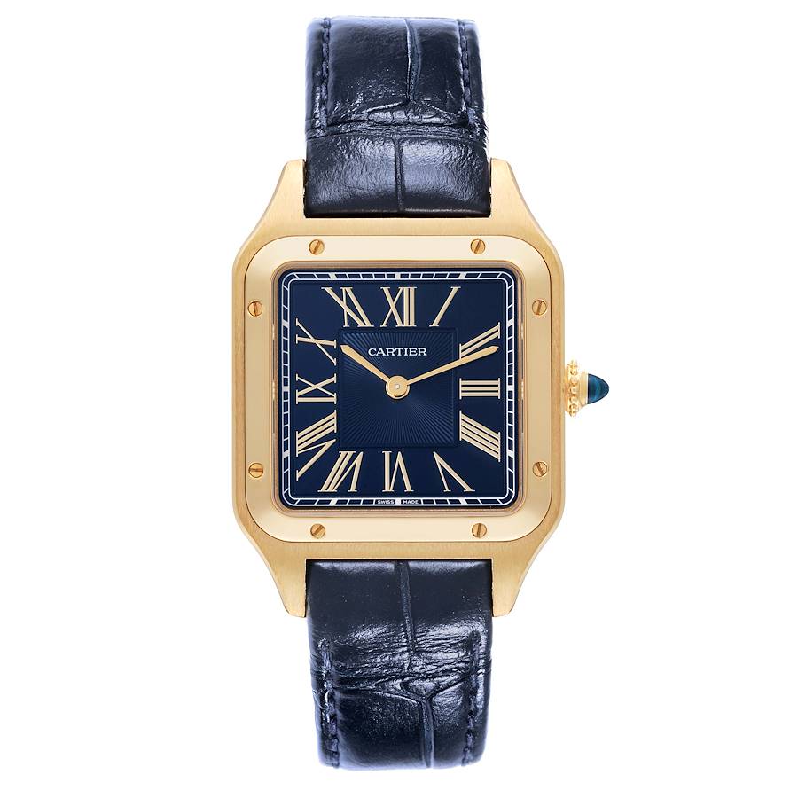 The Cartier Santos Dumont watch is shown from a front view, displaying the face, bezel, crown, and strap.