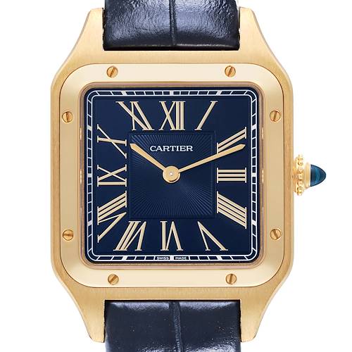 The Cartier Santos Dumont watch is shown from the front, featuring the case, dial, hands, and part of the strap.