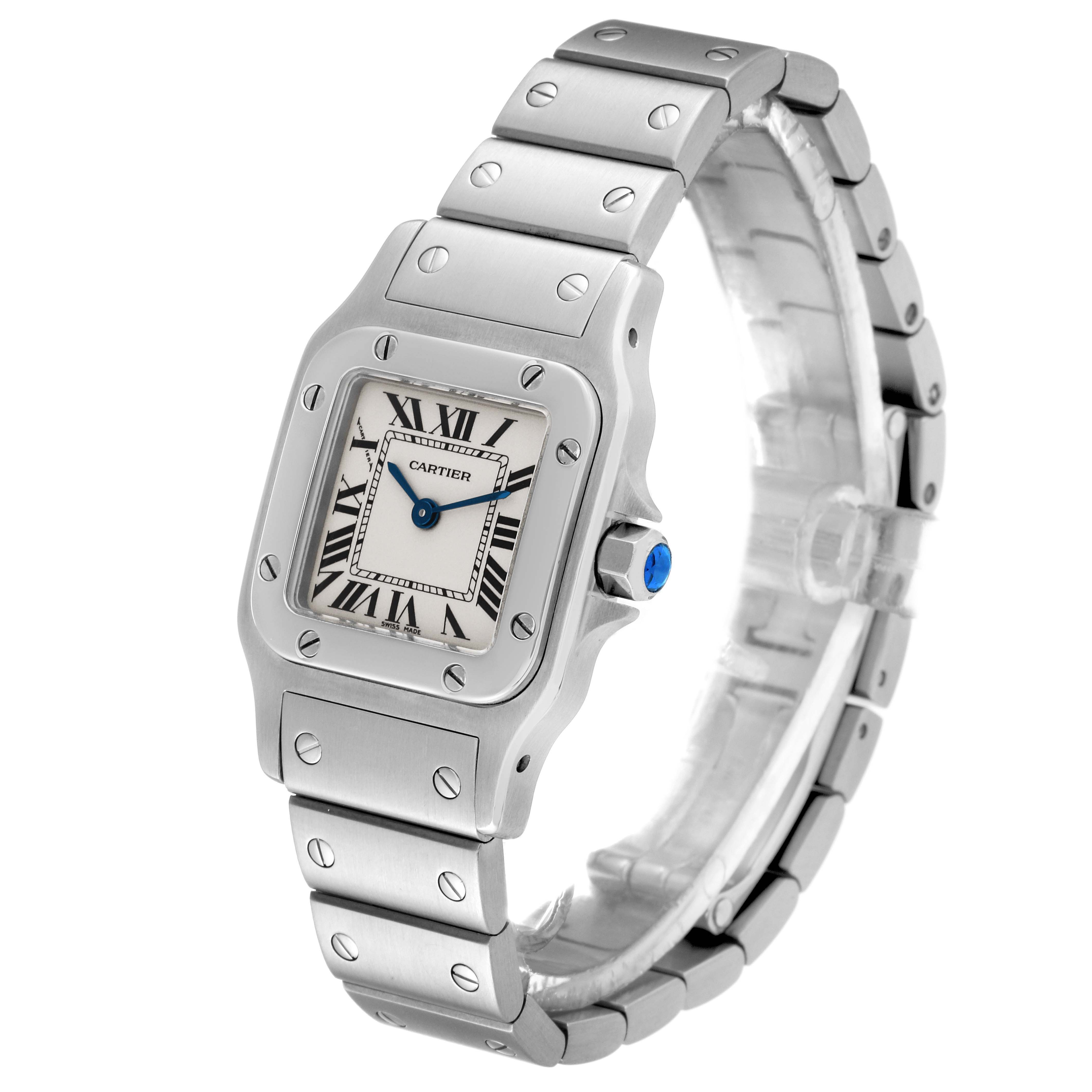 The image shows a Cartier Santos W20056D6 Women's Stainless Steel Silver Dial W20056D6 Women's Stainless Steel Silver Dial model watch, depicting the face, bezel, and bracelet at a three-quarter angle.