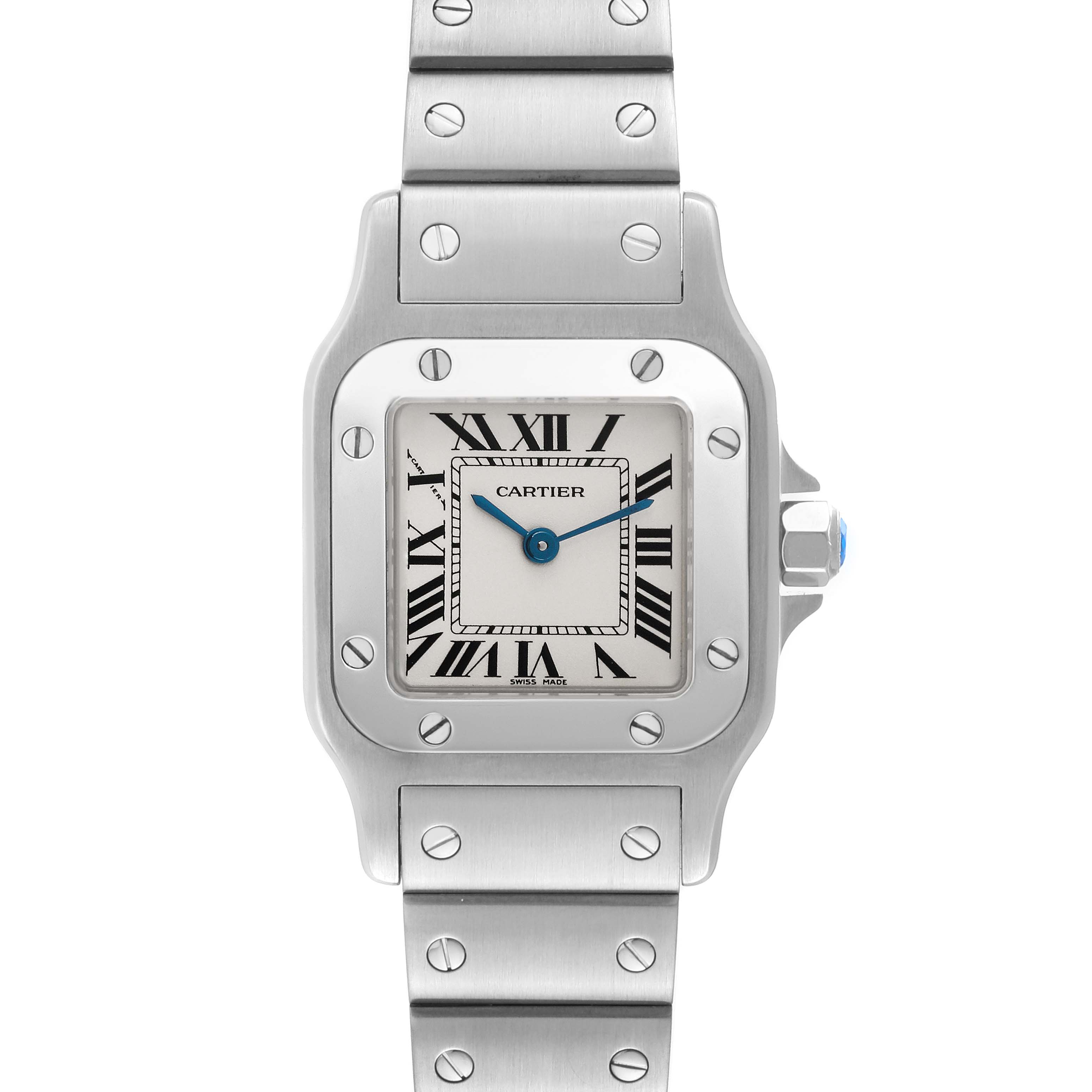 The image shows a front view of the Cartier Santos W20056D6 Women's Stainless Steel Silver Dial W20056D6 Women's Stainless Steel Silver Dial watch, displaying its face, bezel, crown, and bracelet.