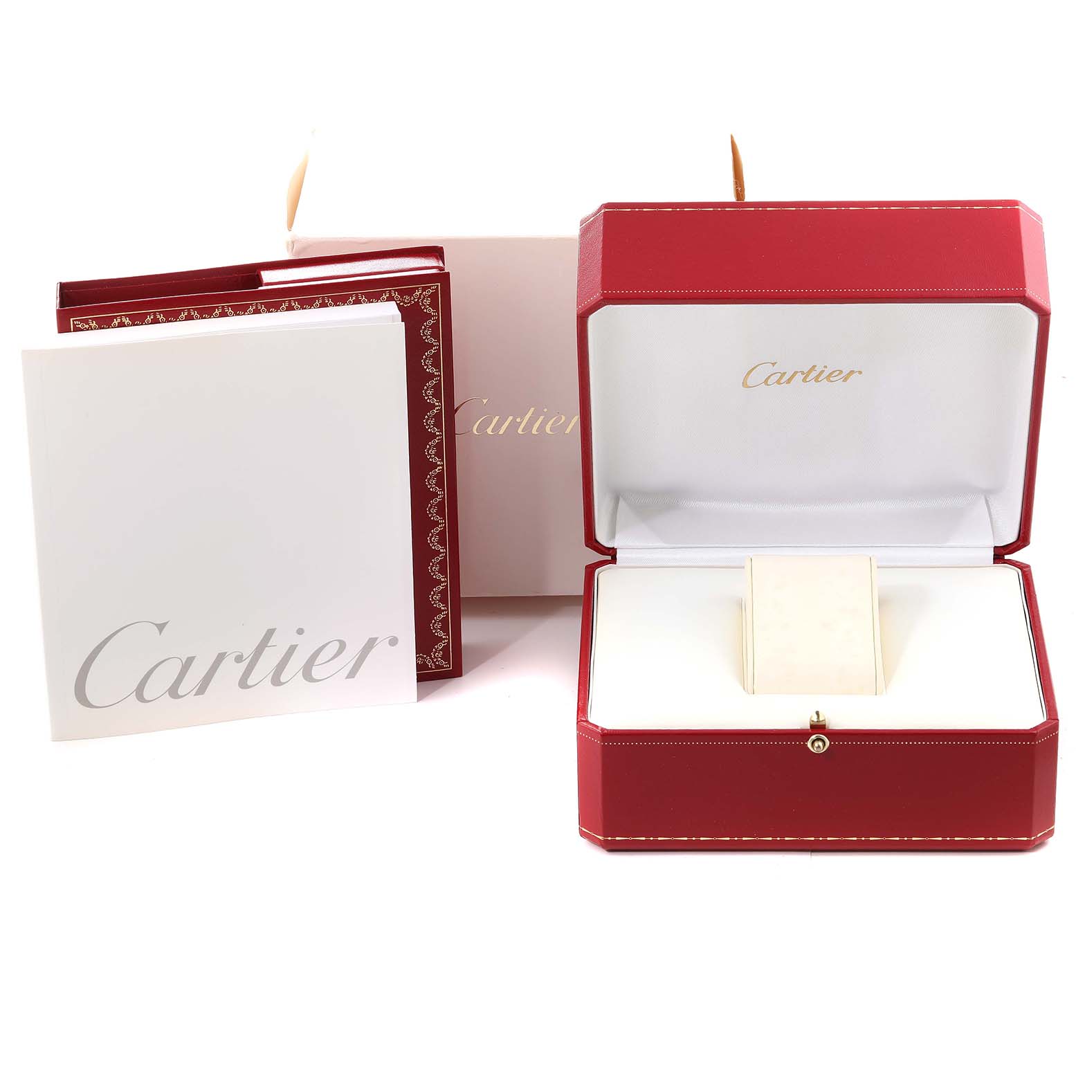 The image shows the packaging and accessories for a Cartier Santos W20056D6 Women's Stainless Steel Silver Dial W20056D6 Women's Stainless Steel Silver Dial watch, including a red watch box, a booklet, and an outer box.