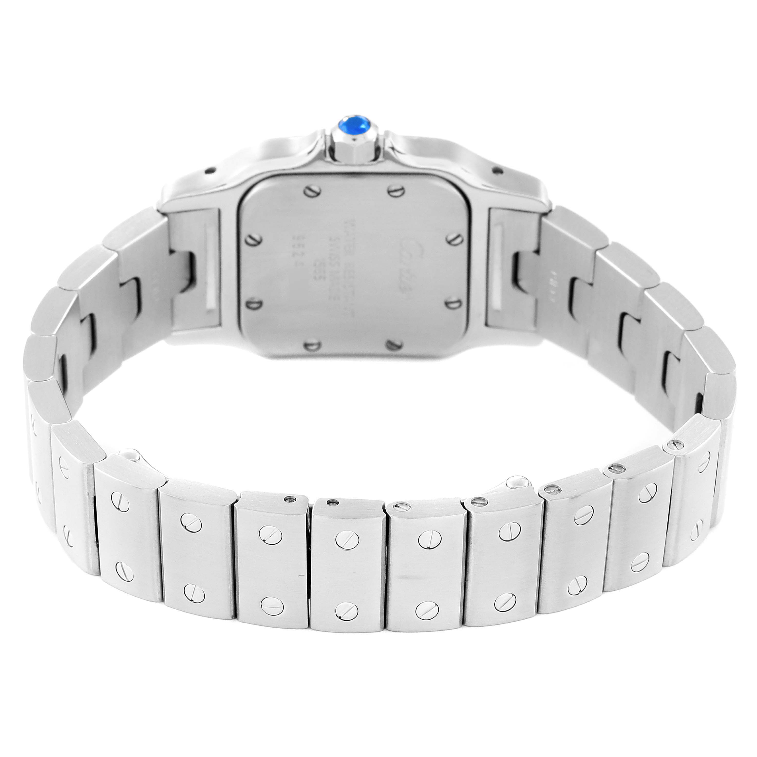 This image shows the back view and bracelet of a Santos model by Cartier, highlighting the stainless steel links and clasp.