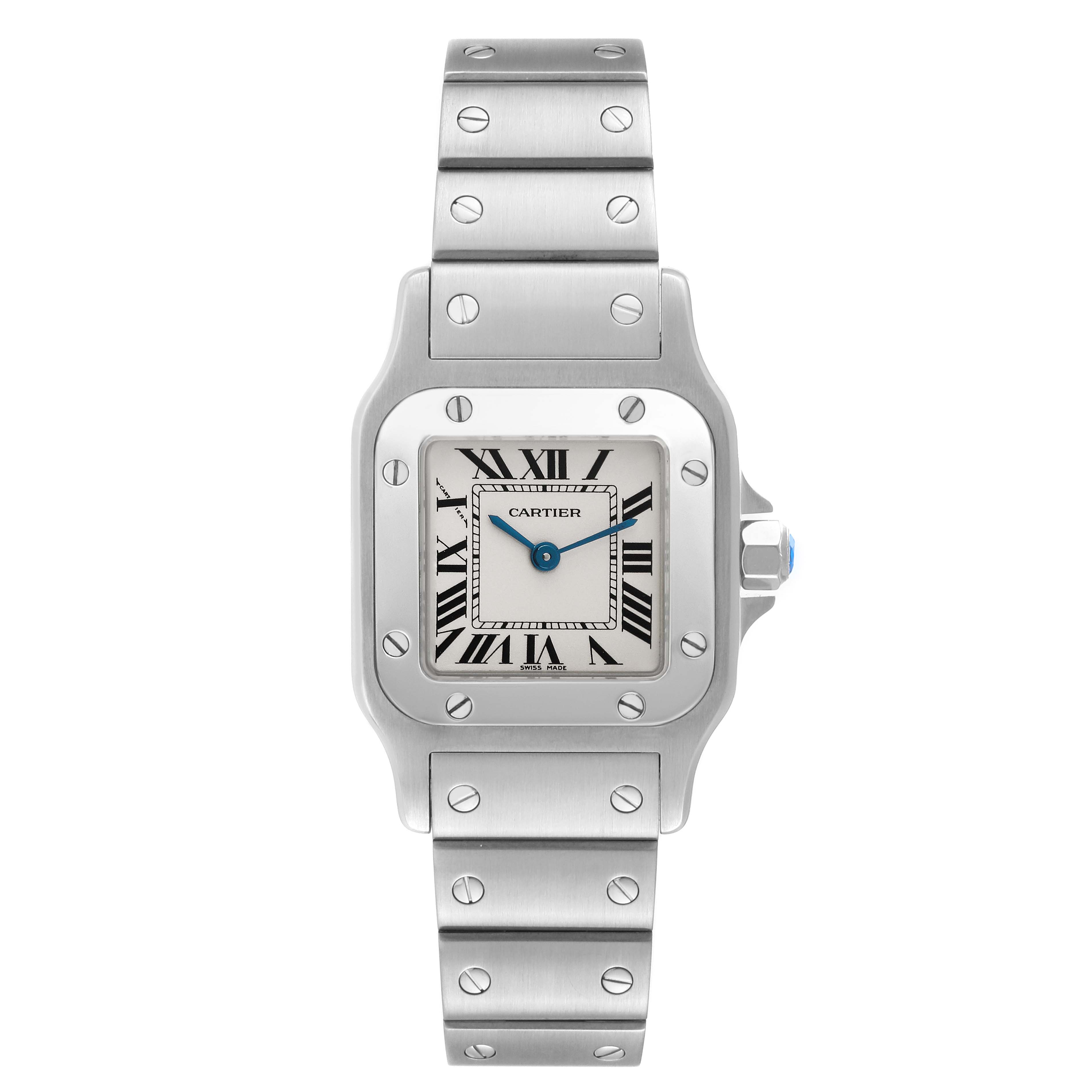 This Cartier Santos W20056D6 Women's Stainless Steel Silver Dial W20056D6 Women's Stainless Steel Silver Dial watch is shown from a front angle, displaying its square dial, stainless steel case, and bracelet.