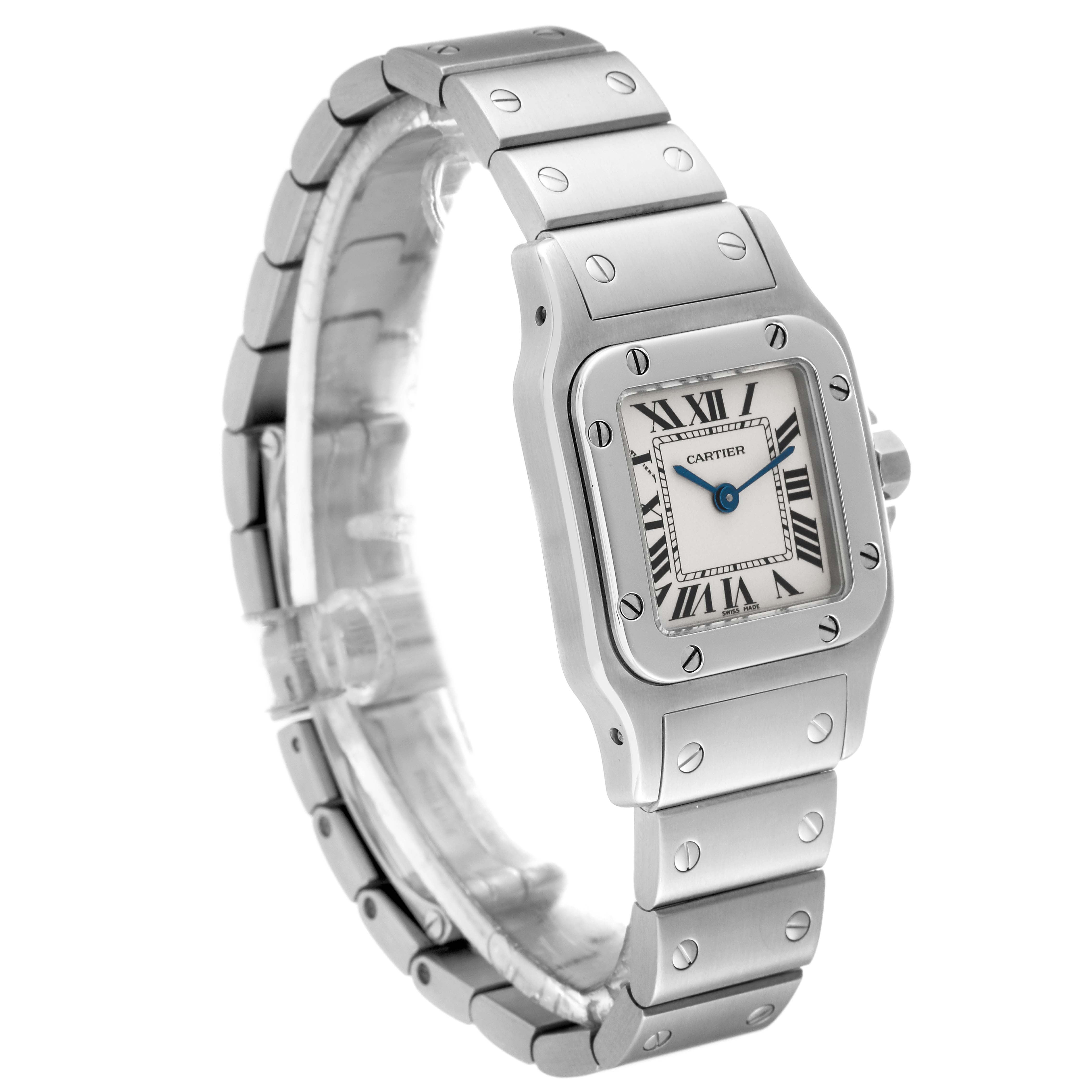 The image shows a Cartier Santos W20056D6 Women's Stainless Steel Silver Dial W20056D6 Women's Stainless Steel Silver Dial watch at a three-quarter angle, highlighting the face, bezel, and metal bracelet.