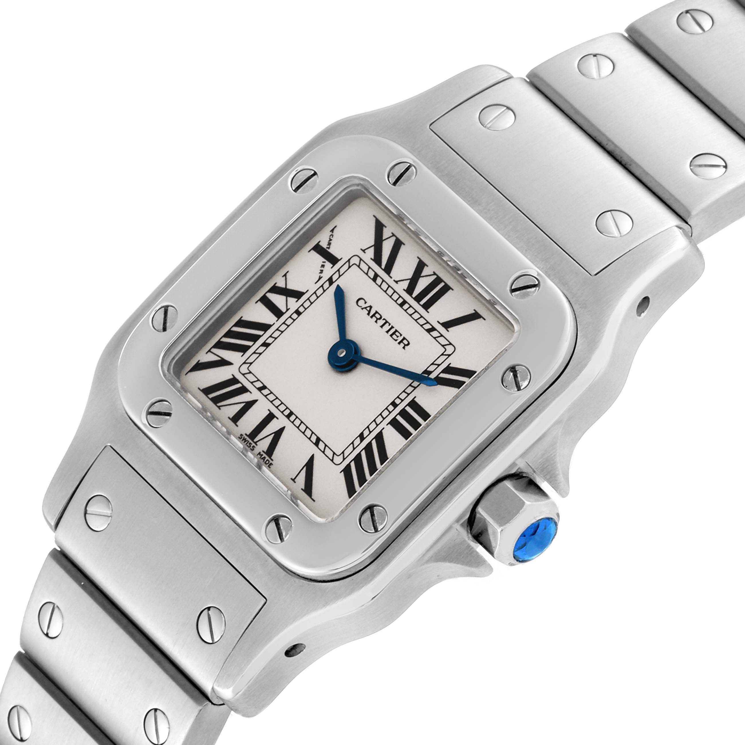 This image of the Cartier Santos W20056D6 Women's Stainless Steel Silver Dial W20056D6 Women's Stainless Steel Silver Dial watch shows a close-up of the dial, crown, and part of the bracelet from a side angle.