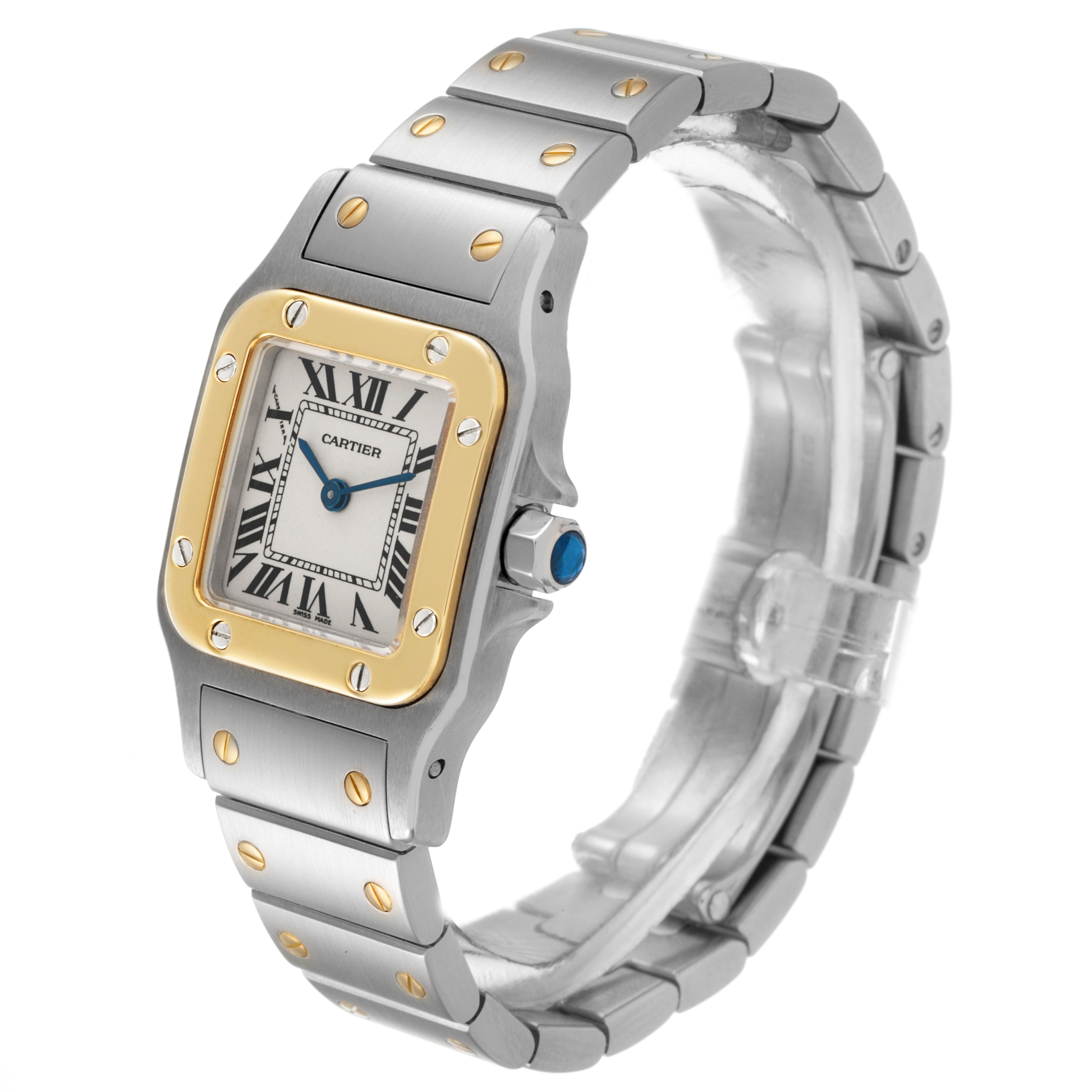 The Cartier Santos W20012C4 Women's Stainless Steel Silver Dial watch is shown at a three-quarter angle, highlighting the face, bezel, and bracelet.