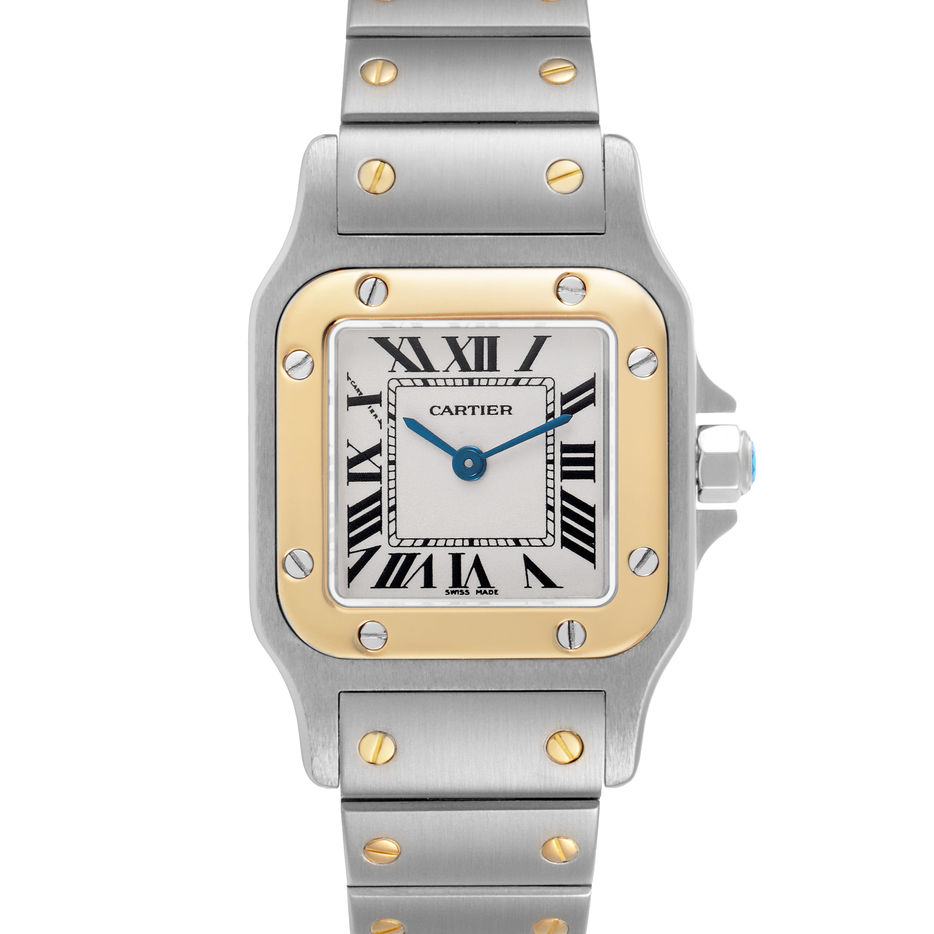 The image shows a front view of the Cartier Santos W20012C4 Women's Stainless Steel Silver Dial watch, highlighting its square face, gold bezel, and metallic bracelet.