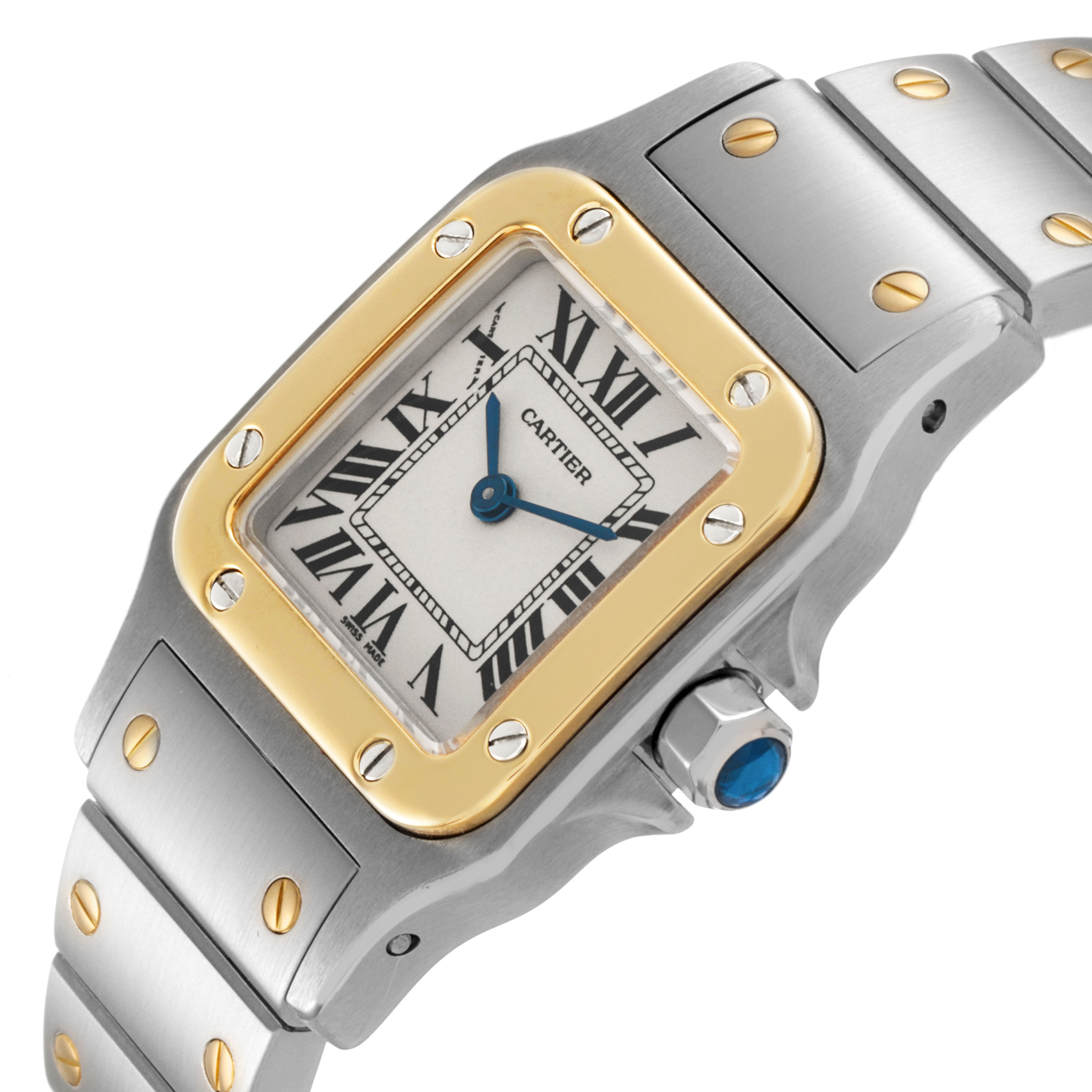 The Cartier Santos W20012C4 Women's Stainless Steel Silver Dial watch is shown at an angle highlighting the face, bezel, and part of the bracelet, with visible blue hands and gold accents.