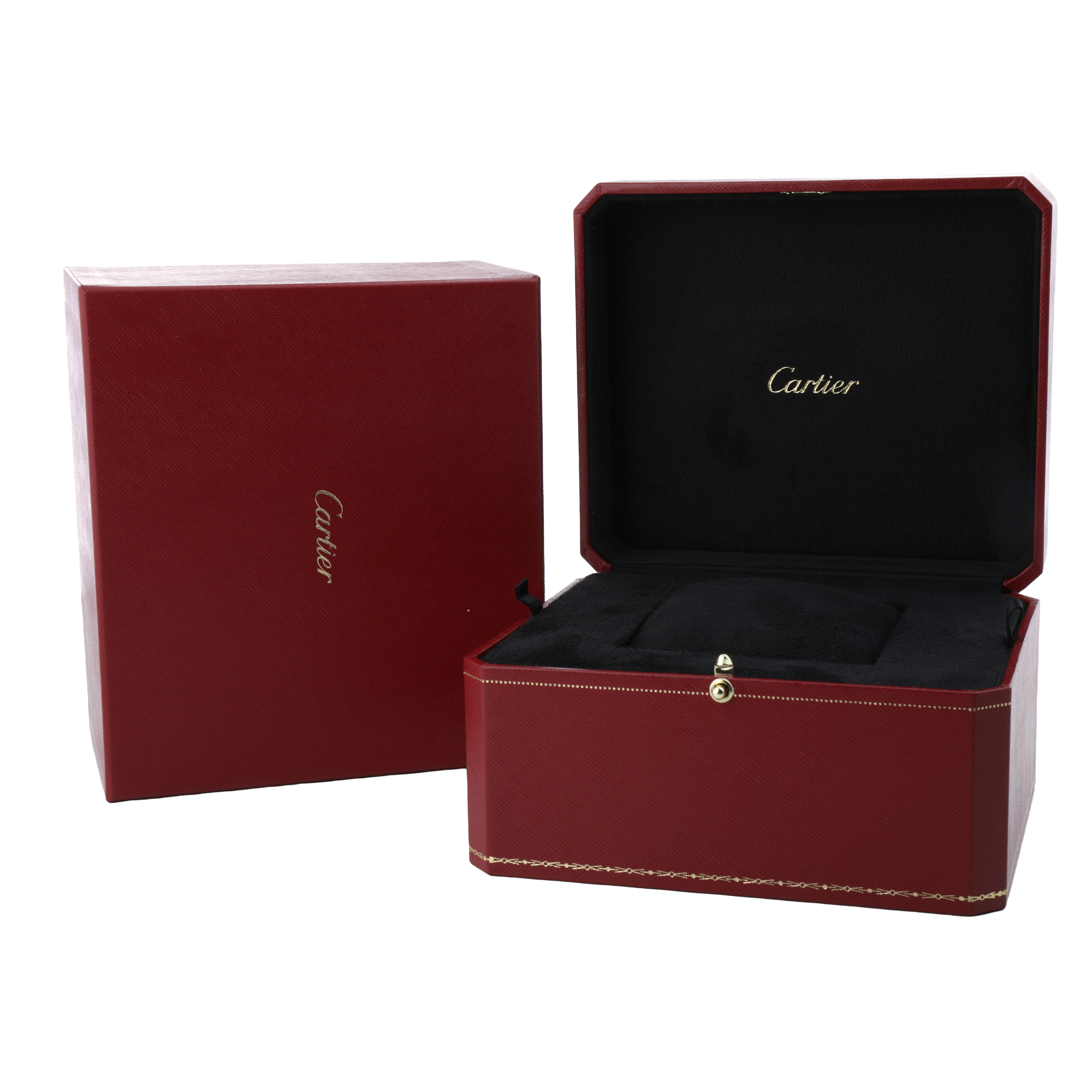 The image shows the open red box for the Cartier Santos W20012C4 Women's Stainless Steel Silver Dial model watch, featuring a luxurious interior.