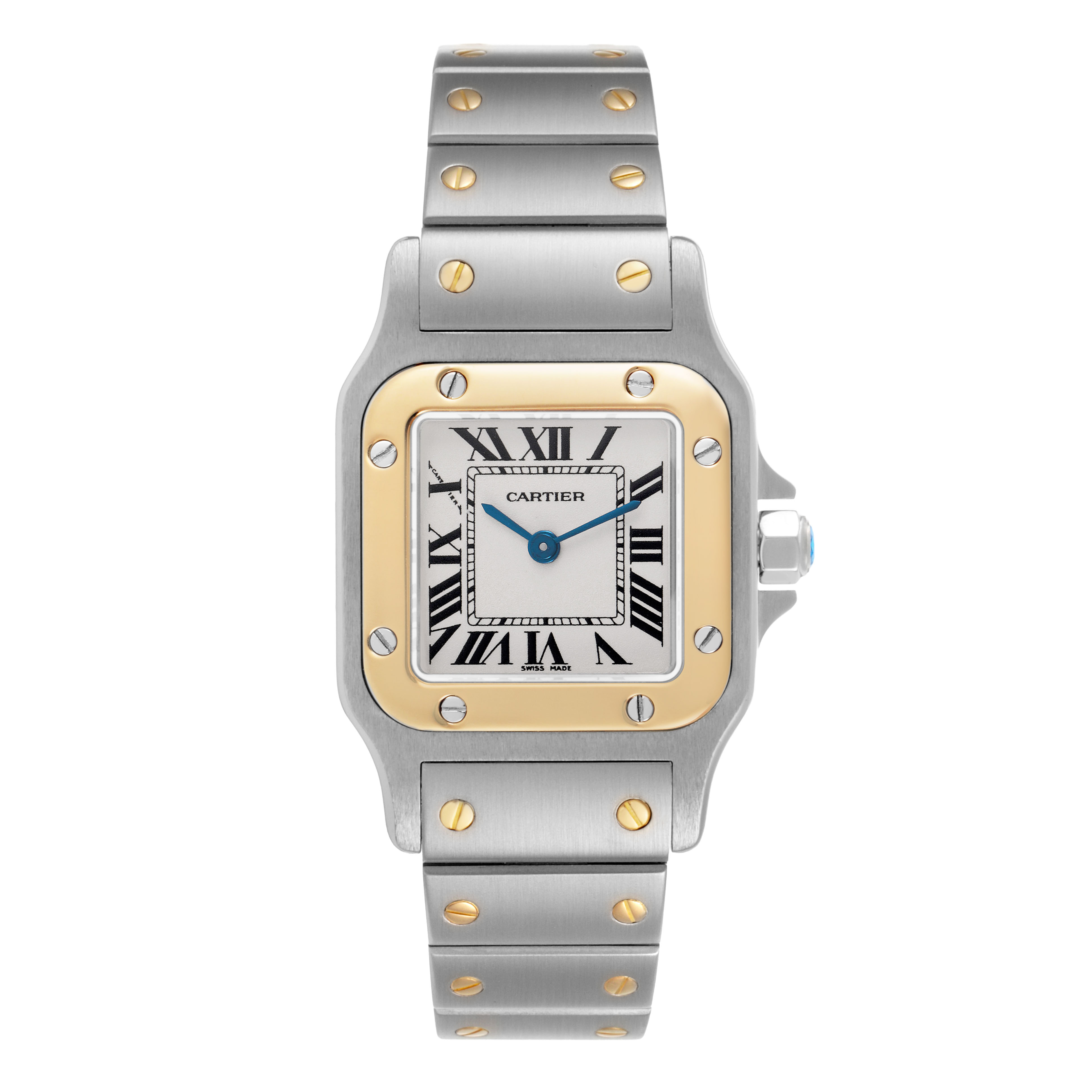 The Cartier Santos W20012C4 Women's Stainless Steel Silver Dial watch is shown from the front, highlighting the face, bezel, and bracelet detail.