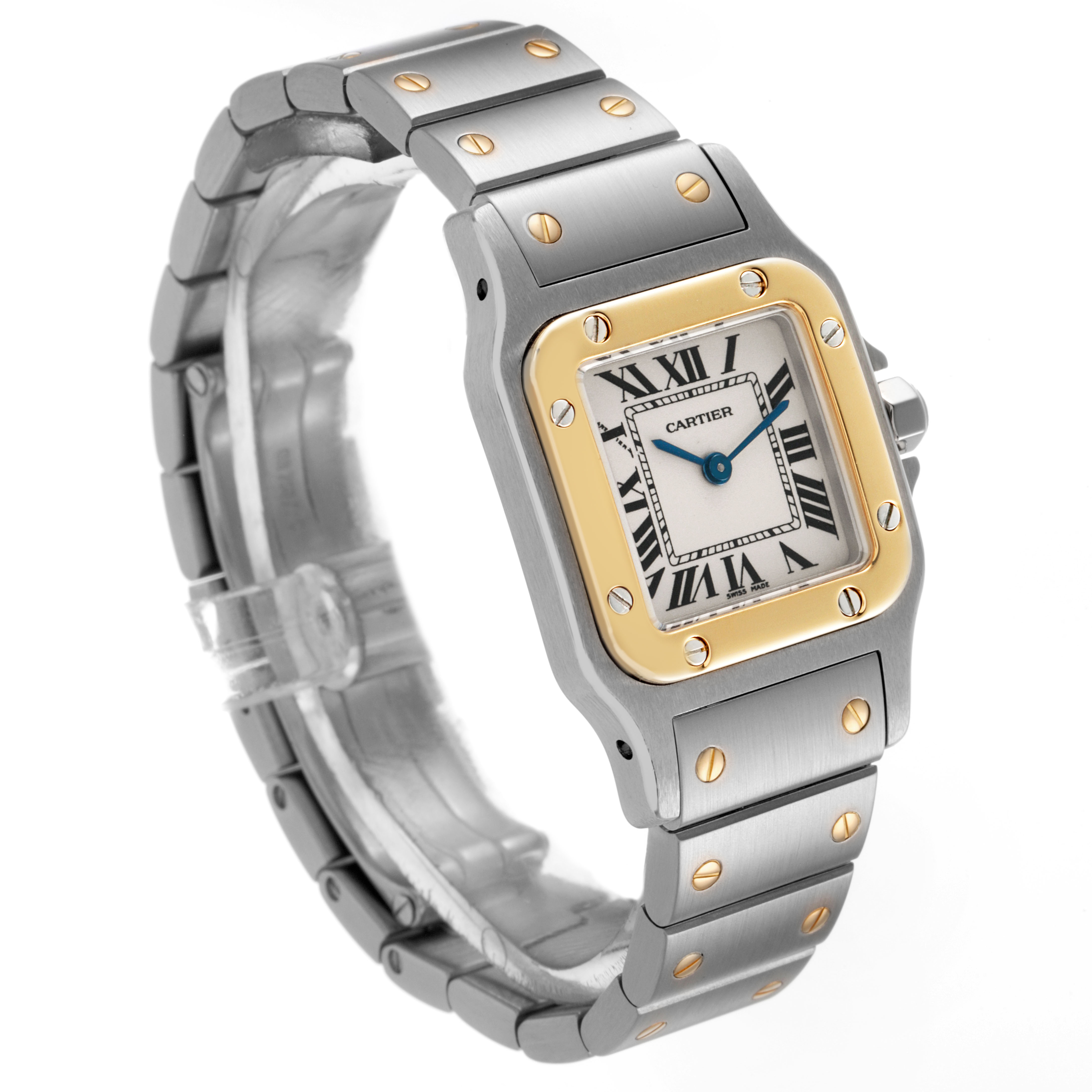 The Cartier Santos W20012C4 Women's Stainless Steel Silver Dial watch is shown at a side angle, highlighting its bezel, dial, bracelet, and distinctive screws.
