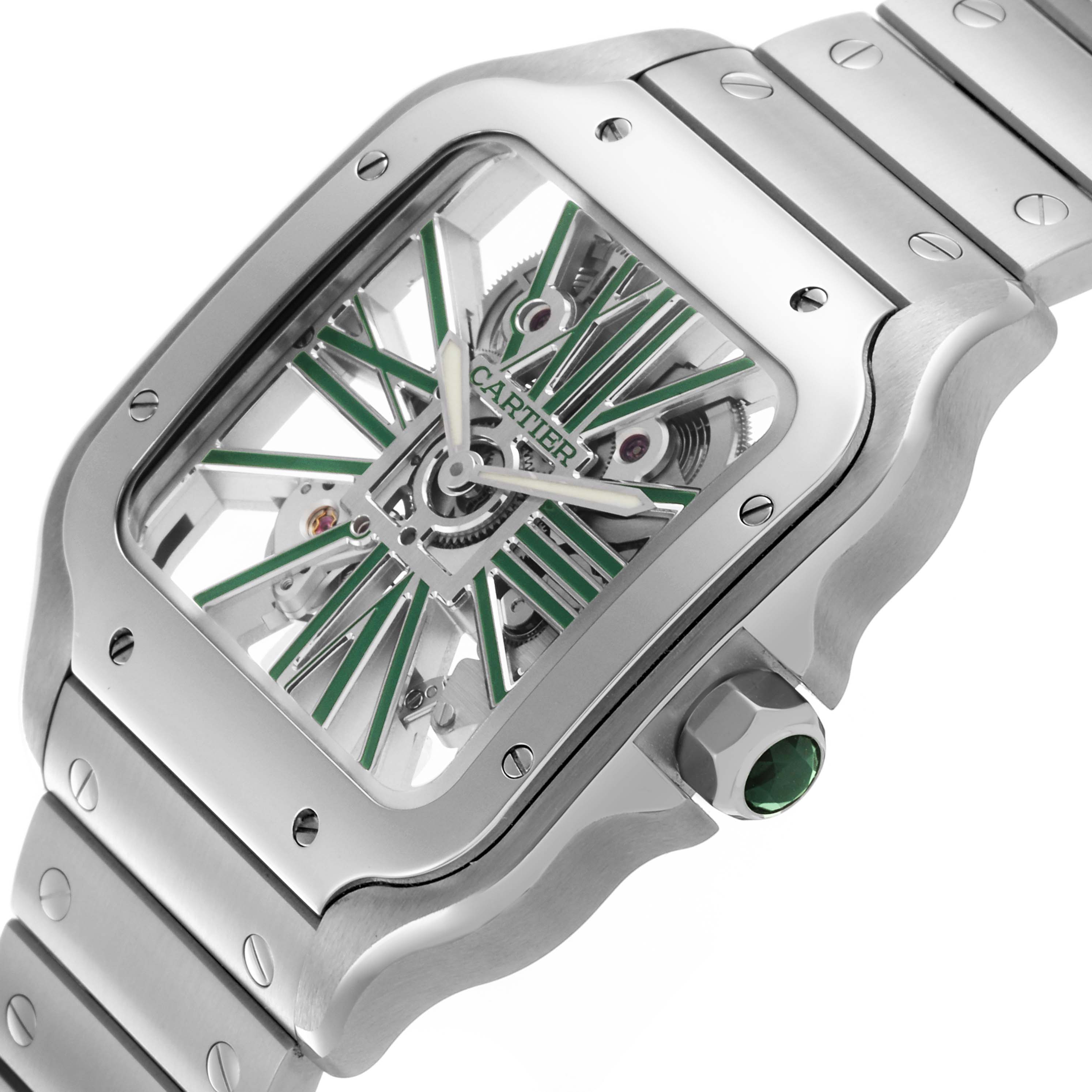 The image shows a Cartier Santos WHSA0028 Men's Stainless Steel Transparent Dial WHSA0028 Men's Stainless Steel Transparent Dial watch at an angled side view, highlighting its skeleton dial, bezel screws, and bracelet.