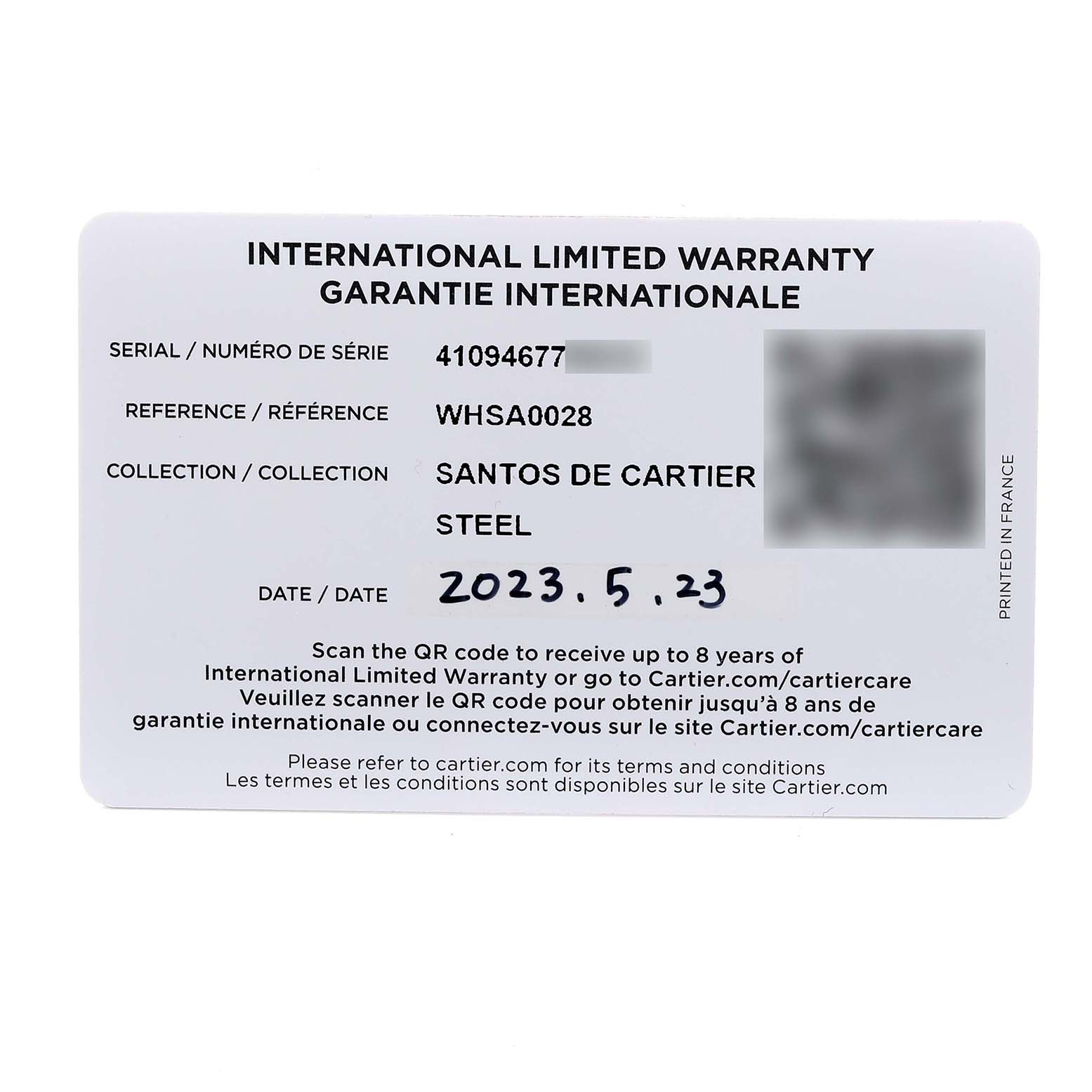 This image shows the international warranty card for the Cartier Santos WHSA0028 Men's Stainless Steel Transparent Dial WHSA0028 Men's Stainless Steel Transparent Dial watch.