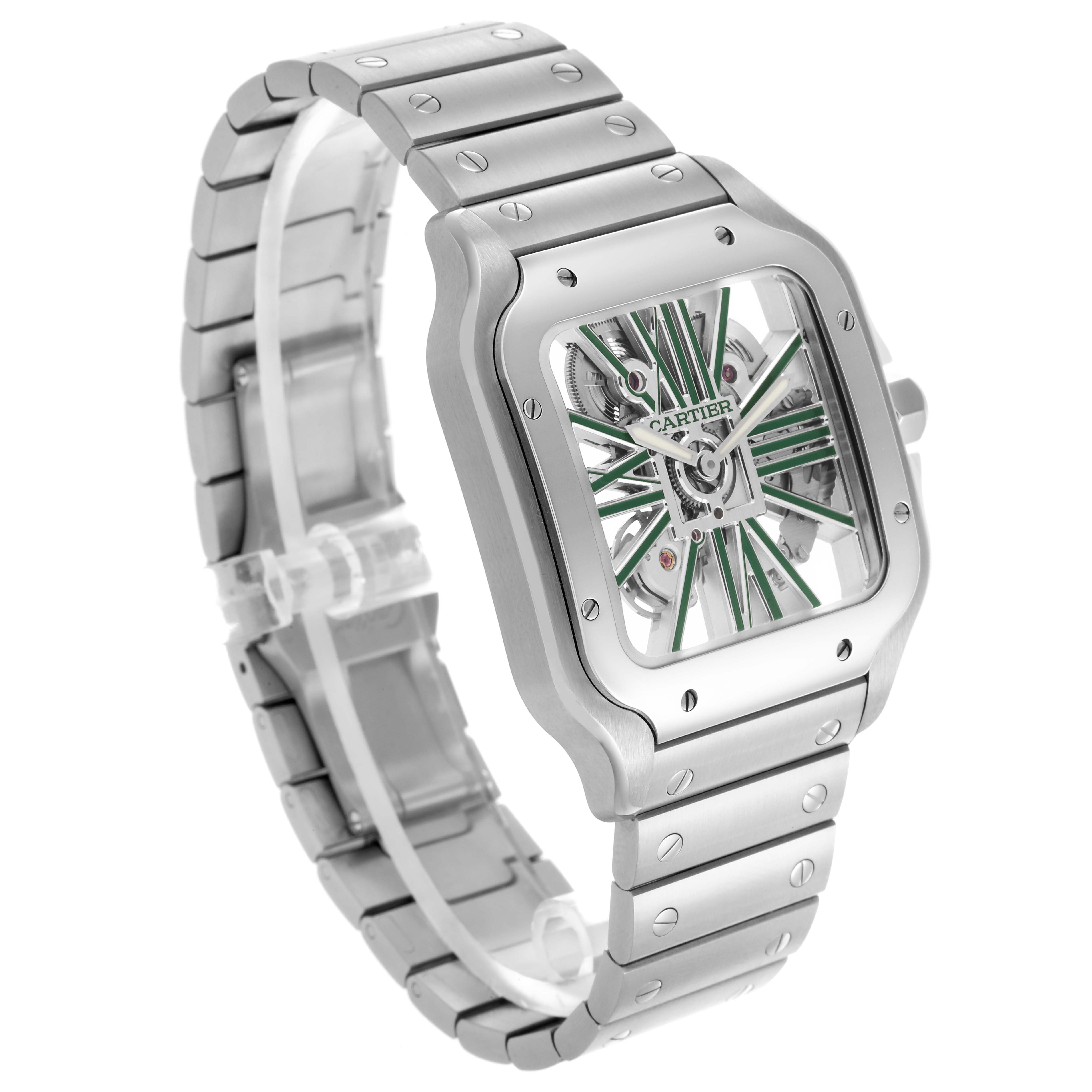 The Cartier Santos WHSA0028 Men's Stainless Steel Transparent Dial WHSA0028 Men's Stainless Steel Transparent Dial watch is shown from a three-quarter angle, displaying the face, bezel, and metal bracelet.