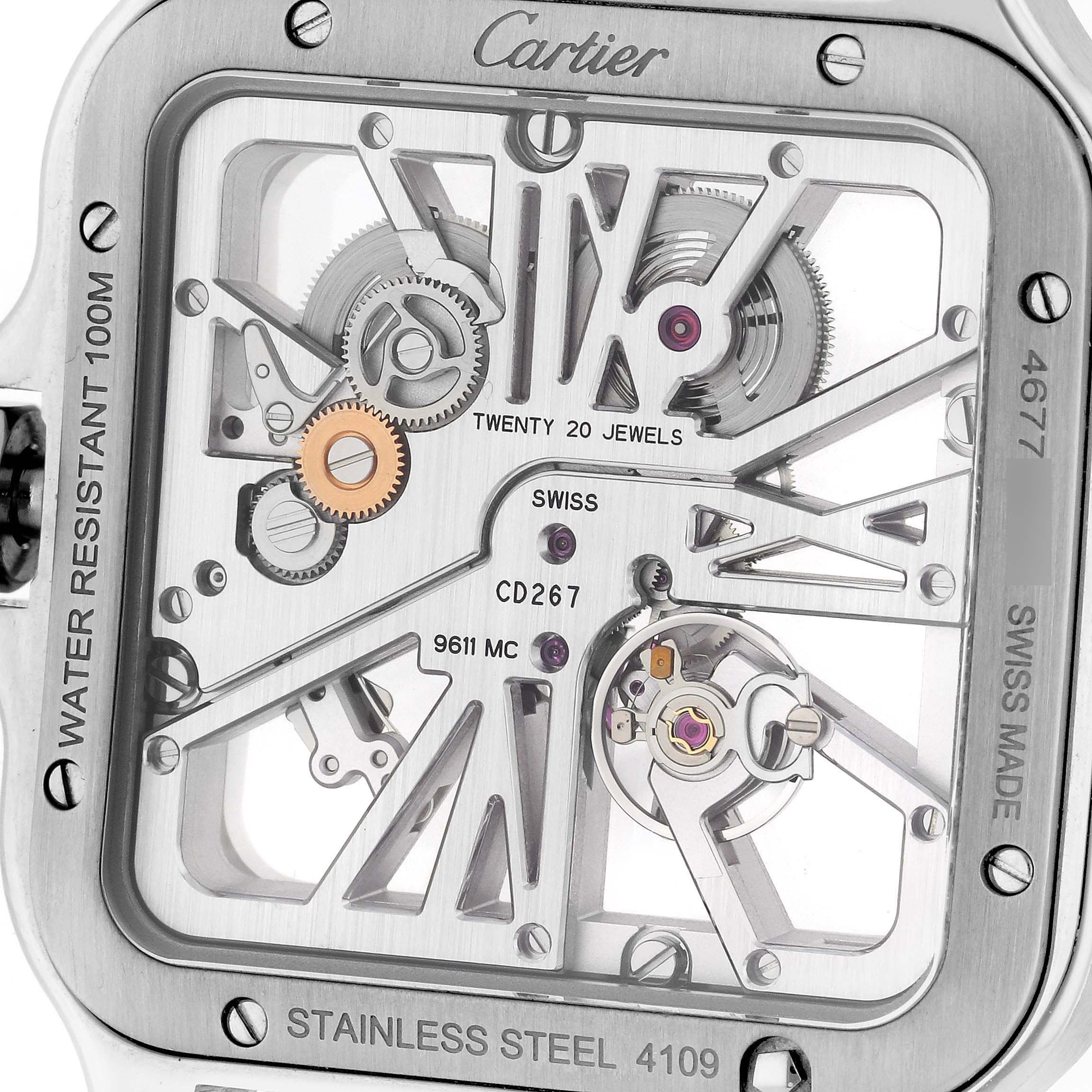The image shows the back view of a Cartier Santos WHSA0028 Men's Stainless Steel Transparent Dial WHSA0028 Men's Stainless Steel Transparent Dial watch, revealing its skeletal mechanism and internal components.
