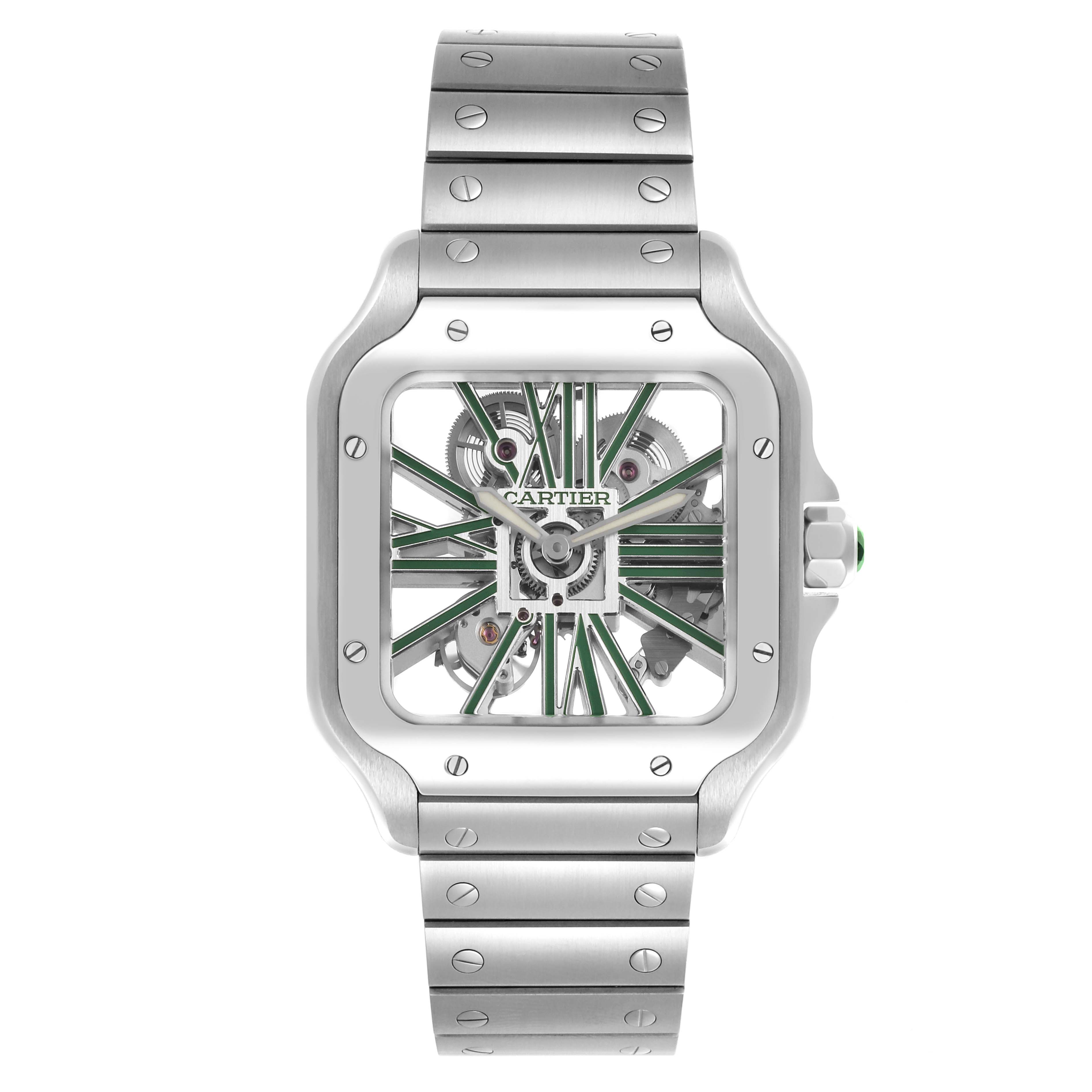 The Cartier Santos WHSA0028 Men's Stainless Steel Transparent Dial WHSA0028 Men's Stainless Steel Transparent Dial watch is shown from a front angle, highlighting its skeleton dial and metal bracelet.